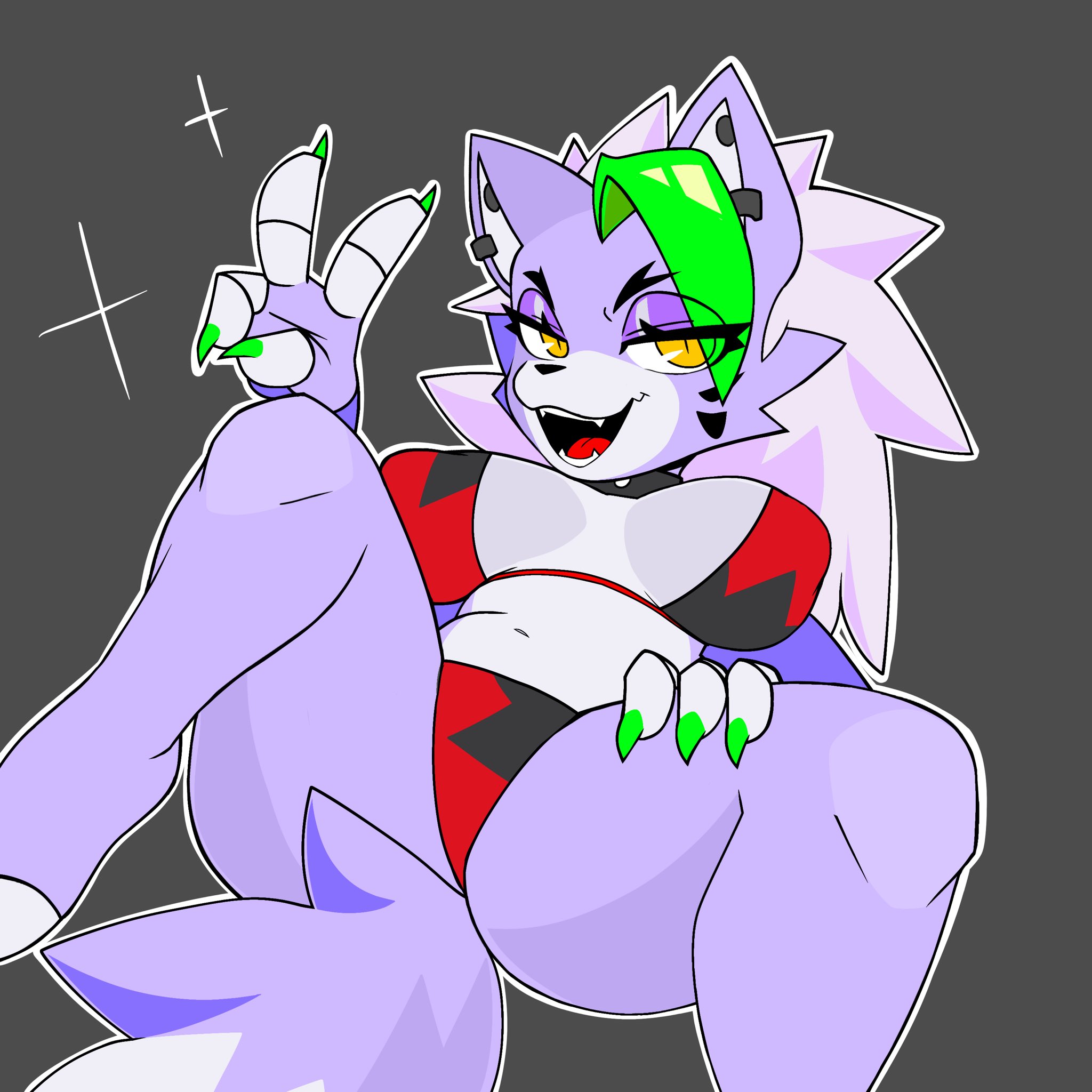 1girls, animatronic, anthro, big breasts, bikini, breasts, canid, canine, canis, dyed hair, ear piercing, ears, female, five nights at freddy's, five nights at freddy's: security breach, fnaf, furry, green hair, grey body, grey fur, long hair, looking at viewer, open mouth, peace sign, purple eyeshadow, roxanne wolf (fnaf), ryuuuk1, seductive, seductive pose, sharp teeth, solo, tail, thick thighs, two-tone body, two-tone fur, white hair, wolf, wolf girl, yellow eyes
