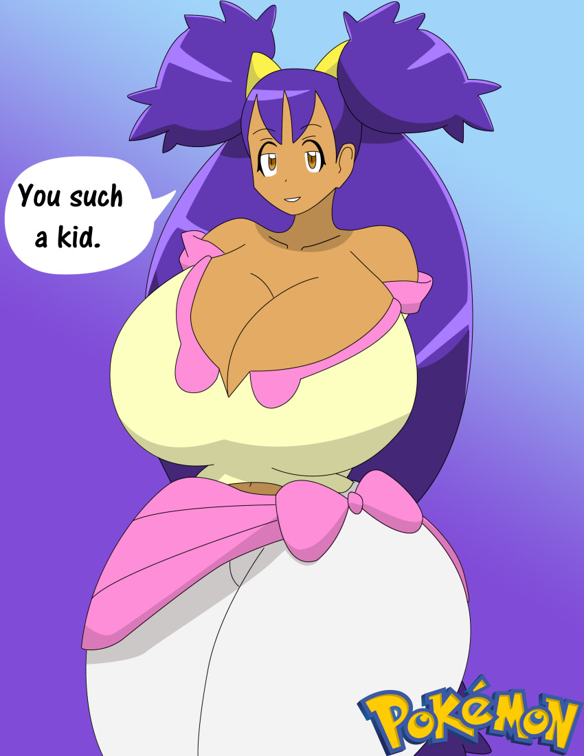 1girls, alternate body type, alternate breast size, breasts, brown eyes, dark skin, female, huge breasts, igphhangout, iris (pokemon), long hair, orihime inoue8, pokemon, purple hair, solo