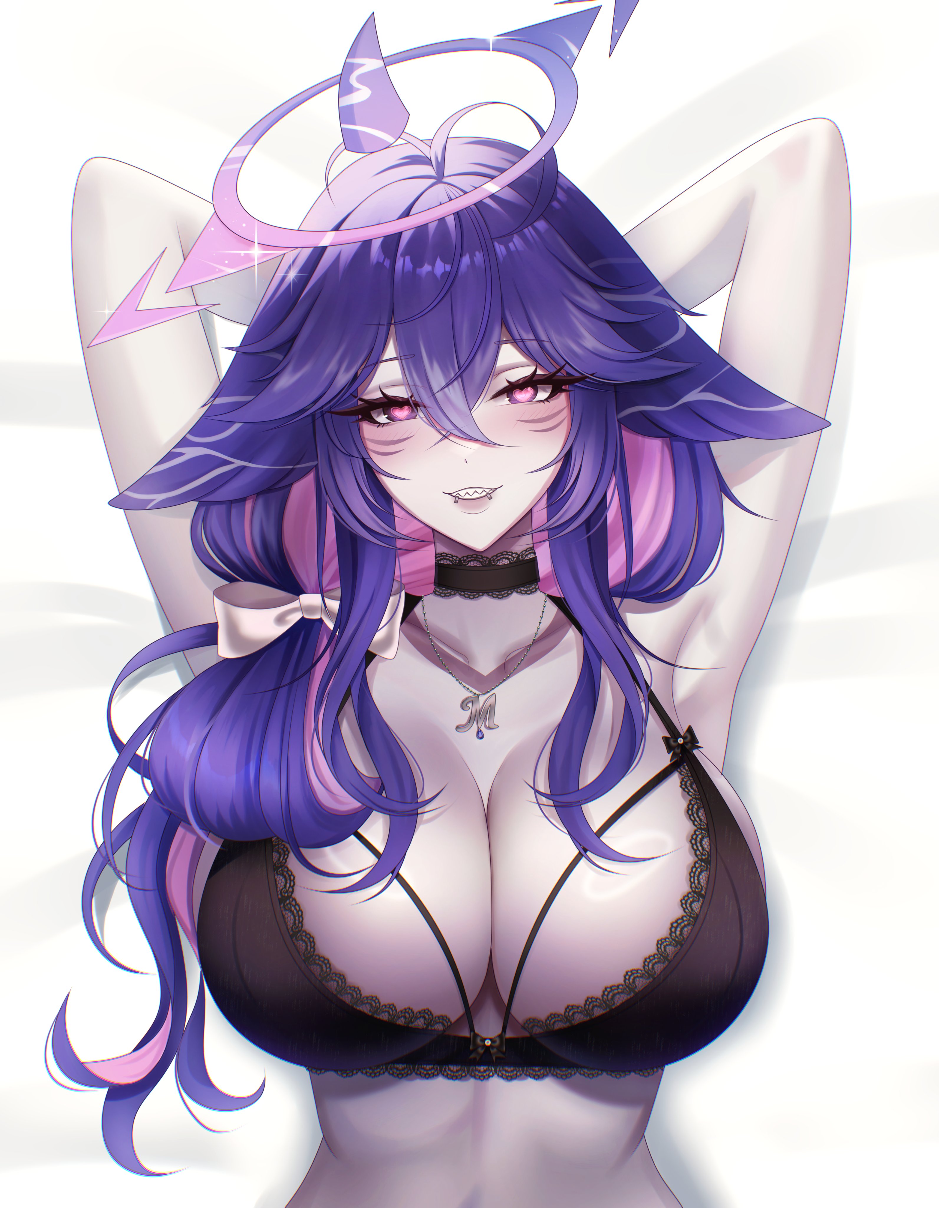 1girls, absurdres, armpits, arms behind head, big breasts, black bra, black choker, bow, bra, breasts, choker, cleavage, colored inner hair, colored skin, commentary, face piercing, facial mark, female, grey skin, hair between eyes, hairbow, halo, heart, heart-shaped pupils, highres, hime tyan art, huge breasts, indie virtual youtuber, jewelry, lip piercing, long hair, massive breasts, megalodon (vtuber), mommy, multicolored hair, necklace, piercing, pink hair, purple hair, shark girl, sharp teeth, solo, symbol-shaped pupils, teeth, underwear, upper body, virtual youtuber, vtuber, whisker markings, white bow