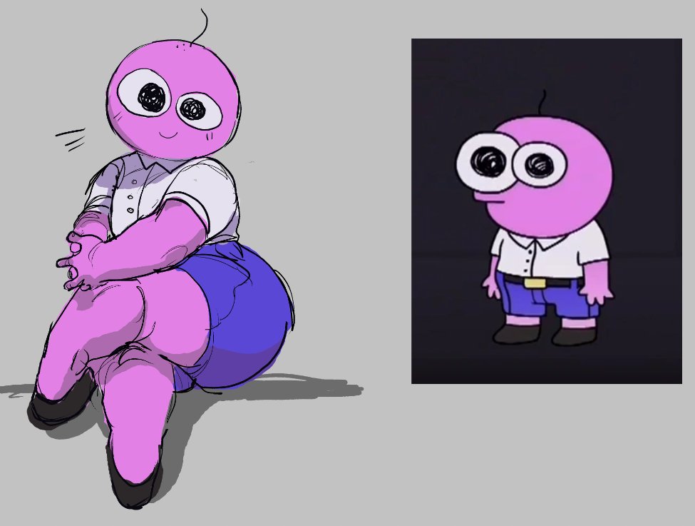 1boy, adult swim, ass, crossed legs, femboy, gay male, grey background, heels, looking at viewer, male, male only, pim (smiling friends), pink body, reference image, smile, smiling at viewer, smiling friends, thick ass, thick thighs, voluptuous male, wide hips, wide thighs, wkkeezy (artist)