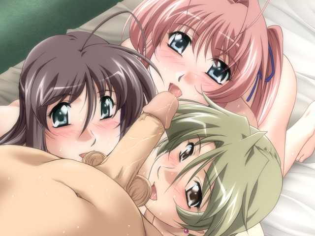 1boy 3girls binetsu_kyoushi_cherry blush breasts brown_hair caressing_testicles collaborative_fellatio earrings fellatio game_cg green_hair group_sex harem hise_chirei jewelry kanai_mamiko large_breasts multiple_girls penis pov sweat teamwork uncensored wet yamane_masahiro yorii_kiyoka zyx