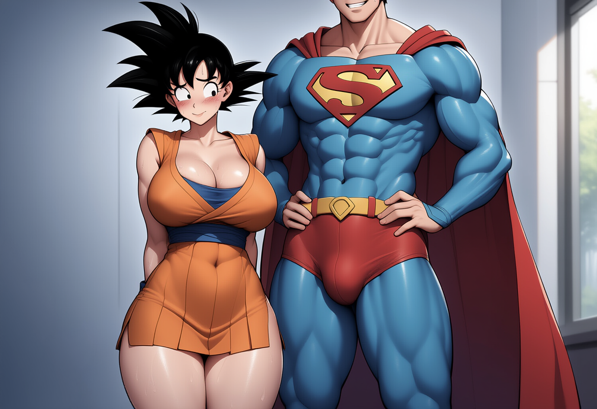 2025, ai generated, ass, black hair, blue eyes, breasts, couple, cum, cum inside, dc, dc comics, death battle, defeat sex, defeated, dragon ball, female, female goku, huge cock, kryptonian, large breasts, male, mtf transformation, parody, penis, powerscaling, rule 63, saiyan, sex, shitpost, sissification, size difference, son goku, submissive female, superman, superman (series), transformation, wide hips
