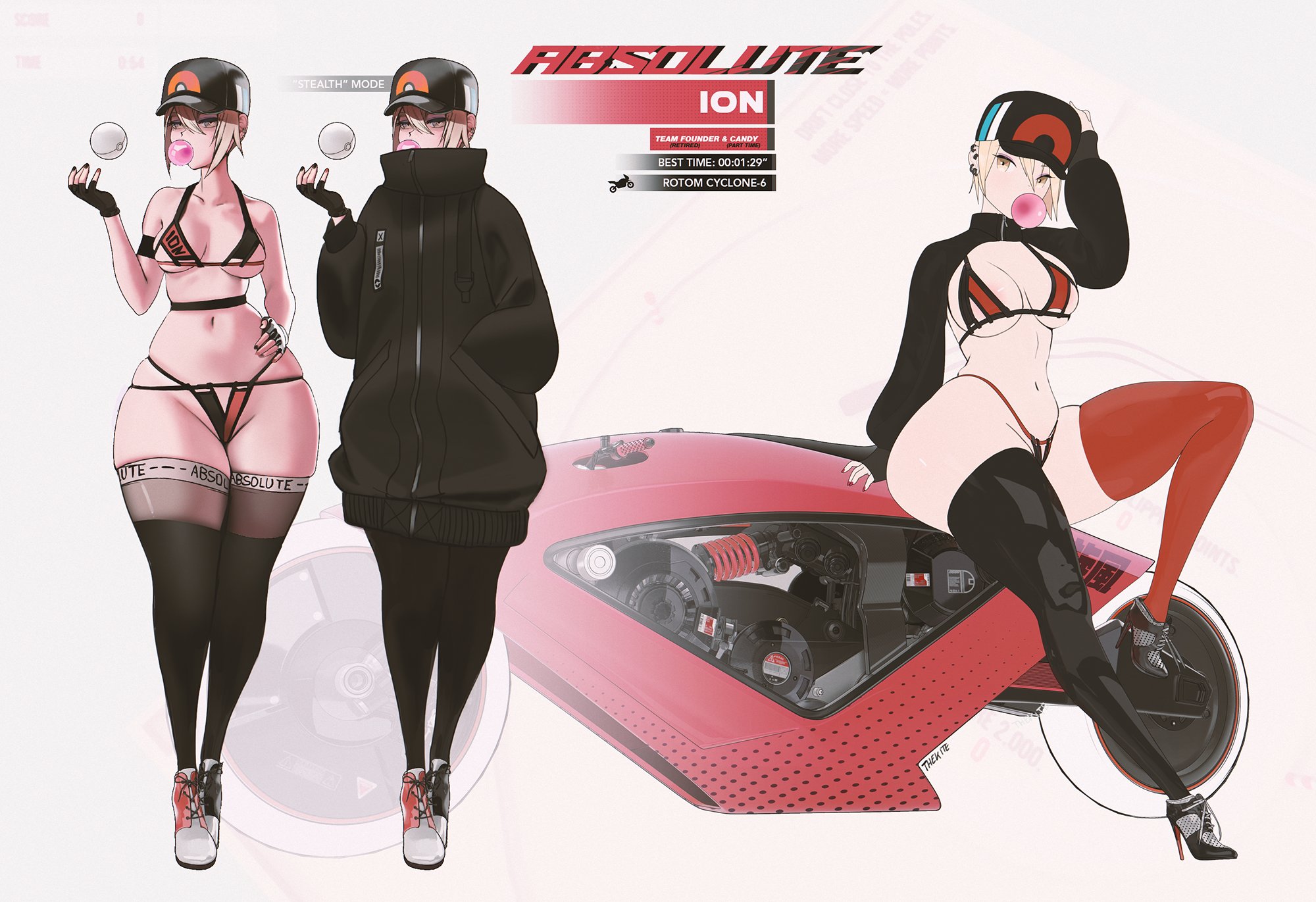 1girls, ass, big ass, bike, biker girl, biker jacket, bikini, blowing bubblegum, bubble gum, distant tracks, female, hand on hips, hi res, ion (thekite), leaning on object, original character, pokeball, thekite, thick thighs, thighhighs, thighs, wide hips