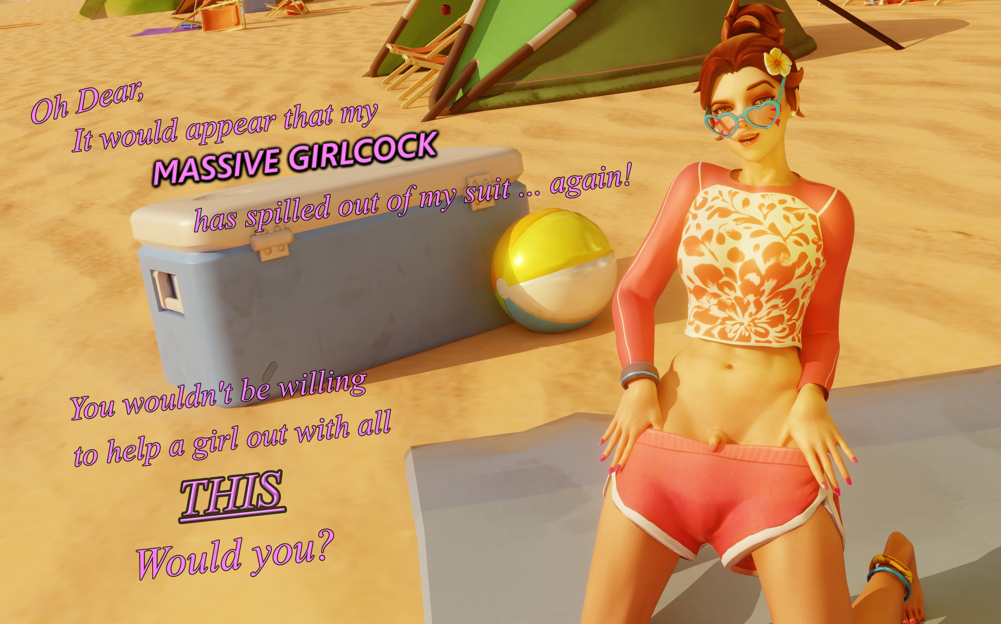 3d, bathing suit, beach, beach ball, beach towel, d.va, delusional, dialogue, futanari, intersex, overwatch, overwatch 2, pants down, penis, sand, small penis, small penis futa, text, throwingblue, uncensored