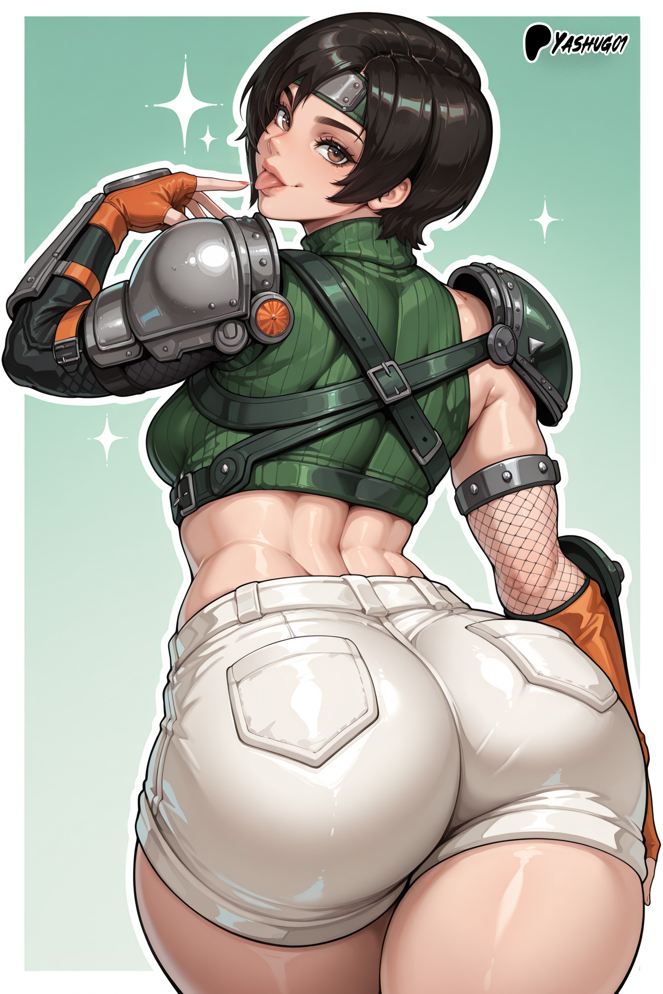 ai generated, asian, asian female, ass, athletic female, back view, backboob, bare thighs, big ass, big breasts, big butt, black hair, breasts, brown eyes, fat ass, female, final fantasy, final fantasy vii, gigantic ass, huge breasts, huge thighs, large breasts, light skin, light-skinned female, looking back, massive ass, muscular, muscular female, short hair, short shorts, smiling, solo female, square enix, squatting, sweat, sweatdrop, thick body, thick female, thick thighs, thighs, tomboy, tongue, tongue out, voluptuous, voluptuous female, yashugai, yuffie kisaragi