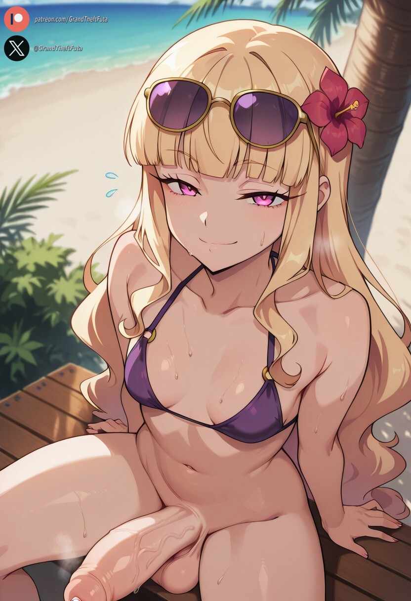 1futa, ai generated, balls, big penis, blonde hair, blush, breasts, cock, dickgirl, foreskin, futa only, futanari, high-angle view, huge cock, intersex, katainaka no ossan kensei ni naru, light skin, light-skinned futa, long hair, looking at viewer, lucy diamond, penis, precum, purple eyes, roxygtf, sitting, small breasts, smug, solo, sweat, sweating, sweaty body, uncircumcised