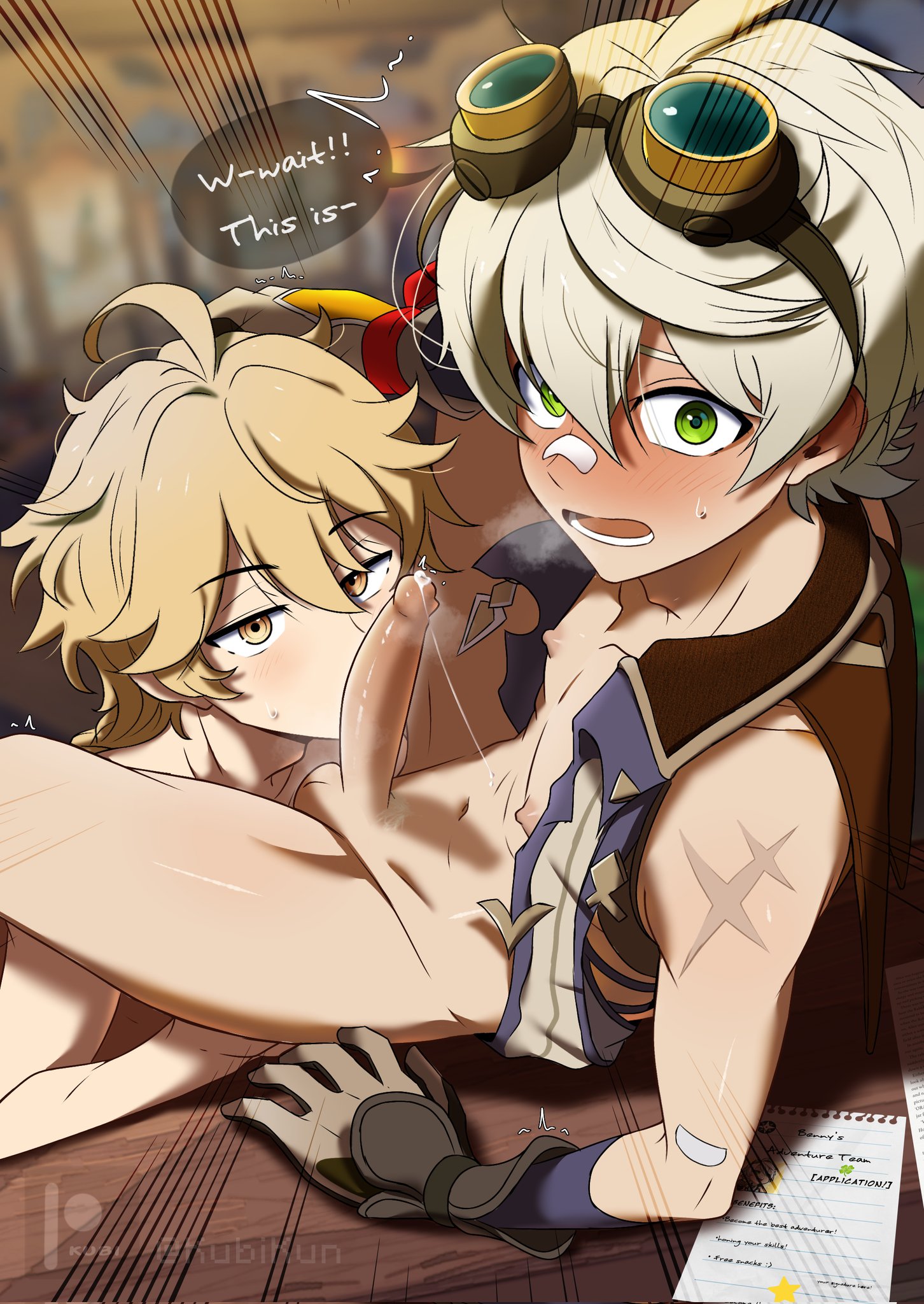2boys, aether (genshin impact), bandage, bennett (genshin impact), blonde hair, blush, caught, caught in the act, dialogue, fellatio, femboy, gay, genshin impact, hoyoverse, kissing penis, kubikun, looking at viewer, male, male only, mihoyo, oral, text, yaoi