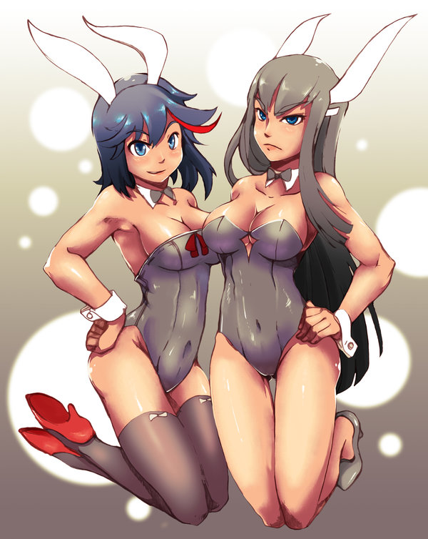 121642, 2girls, animal ears, black hair, blue eyes, bowtie, breasts, bunny ears, bunny girl, bunnysuit, busty, cleavage, detached collar, female, female only, frown, fully clothed, hand on hip, high heels, hourglass figure, kill la kill, kiryuuin satsuki, kneeling, leotard, long hair, matoi ryuuko, multiple females, multiple girls, red hair, short hair, siblings, sisters, smile, stockings, thighhighs, two-tone hair, voluptuous, wrist cuffs