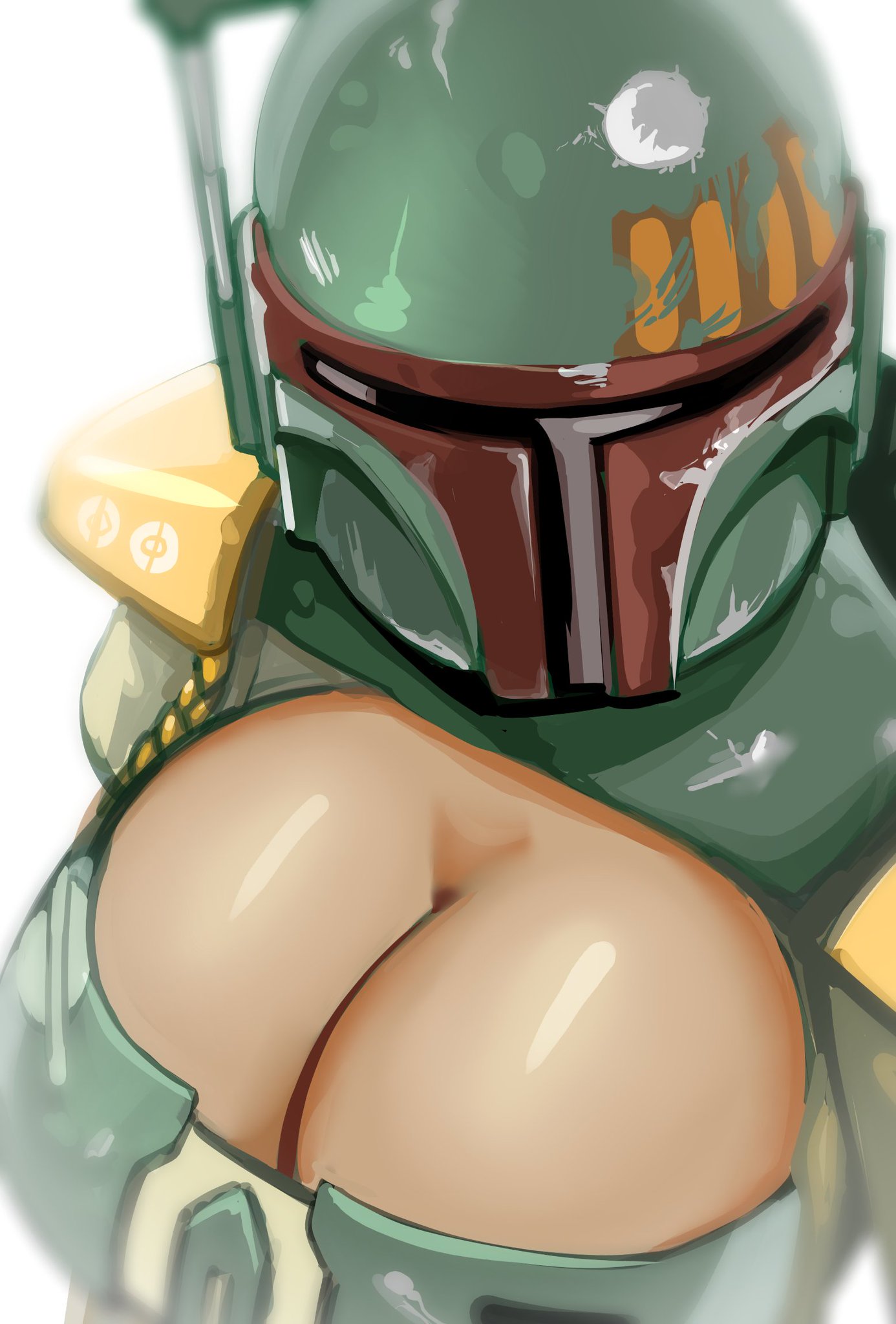 1girls, armor, big breasts, boba fett, boob window, booba fett, breasts, breasts out, clone, exposed, exposed breasts, female, green clothing, helmet, large breasts, open clothes, rule 63, solo, star wars, tagme, telepurte, viewed from above