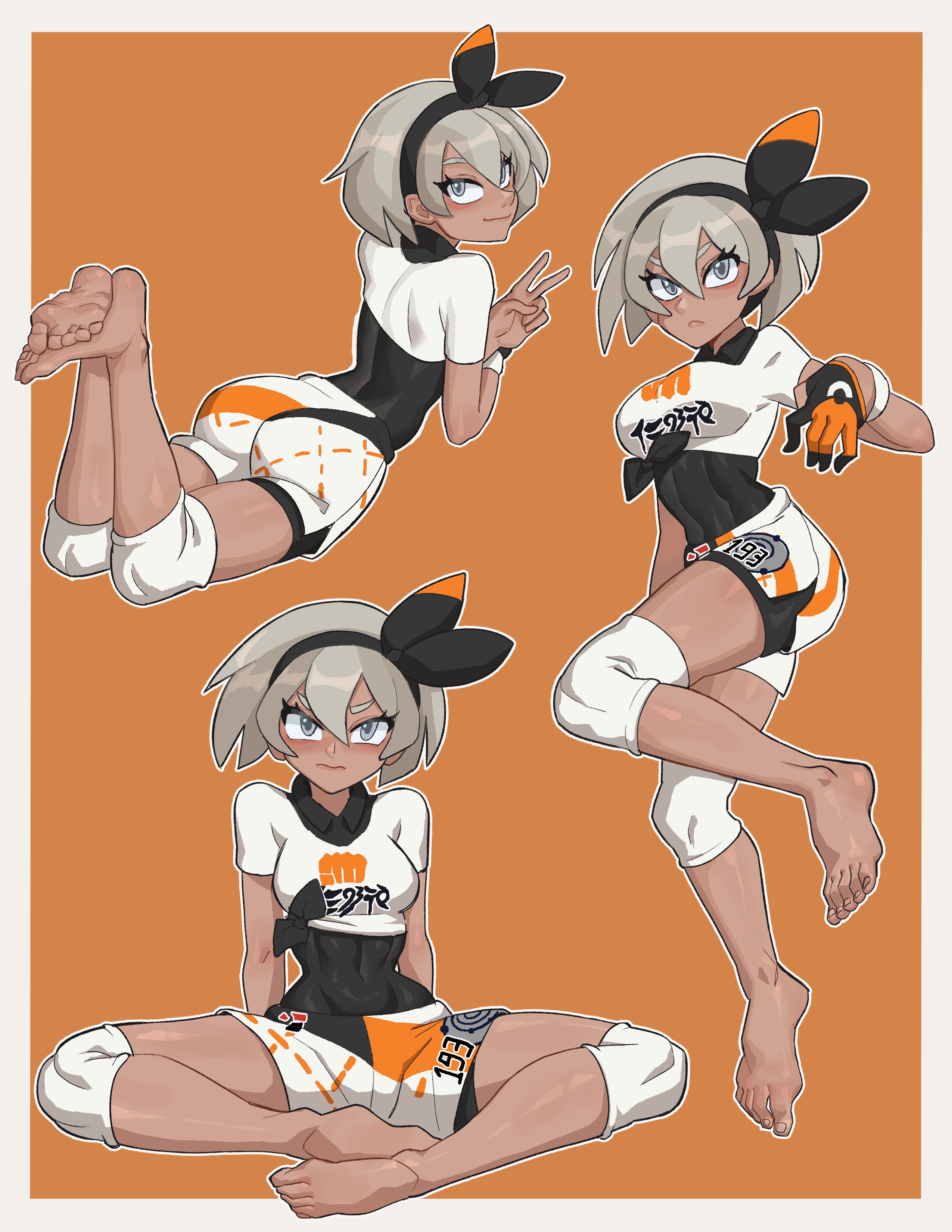 1girls, 2d, absurdres, athletic female, barefoot, bea (pokemon), black bodysuit, black hairband, bodysuit, bodysuit under clothes, border, bow hairband, brown skin, brown-skinned female, closed mouth, collared shirt, commentary, dark skin, dark-skinned female, feet, female, female only, fit female, grey eyes, hair between eyes, hairband, highres, human, human female, hyyun, hyyun ho, knee pads, large breasts, looking at viewer, multiple views, nintendo, outline, pokemon, pokemon ss, print shirt, print shorts, shirt, short hair, short sleeves, shorts, side slit, side slit shorts, slim waist, soles, solo, toes, tomboy, v, white border, wide hips