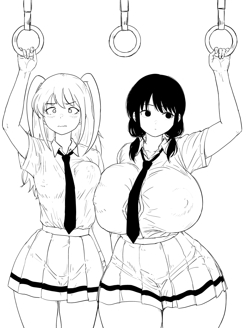 2d, 2d (artwork), 2girls, asymmetrical docking, big breasts, black and white, black hair, black-haired female, blush, breast comparison, breasts, button gap, clothed, clothed female, embarrassed, embarrassed female, female, female only, gigantic breasts, interior, large boobs, large breasts, light hair, looking at viewer, medium breasts, miniskirt, multiple females, multiple girls, nemoto hina, nipple bulge, no bra, no color, nyogiku, public transportation, school, school uniform, schoolgirl, schoolgirl uniform, skirt, small boobs, small breasts, standing, tamura yuri, thick thighs, thighs, unaware, watashi ga motenai no wa dou kangaetemo omaera ga warui!, wide hips