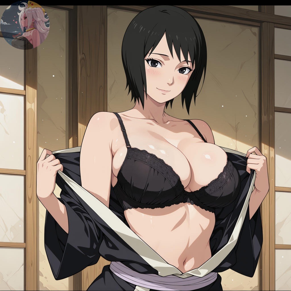 1girls, ai generated, alternate breast size, big breasts, black eyes, black hair, bra, breasts, breasts out, busty, female, female focus, female only, fishnets, flashing, flashing breasts, half-closed eyes, highres, hourglass figure, huge breasts, indoors, kimono, kimono pull, large areolae, large breasts, lazeai, legs together, medium hair, naruto, naruto (series), naruto shippuden, open clothes, oppai, pinup, presenting, presenting breasts, pulled by self, sagging breasts, shizune, shy, sweat, sweatdrop, thick thighs, thighs, uncensored, undressing, undressing self, voluptuous