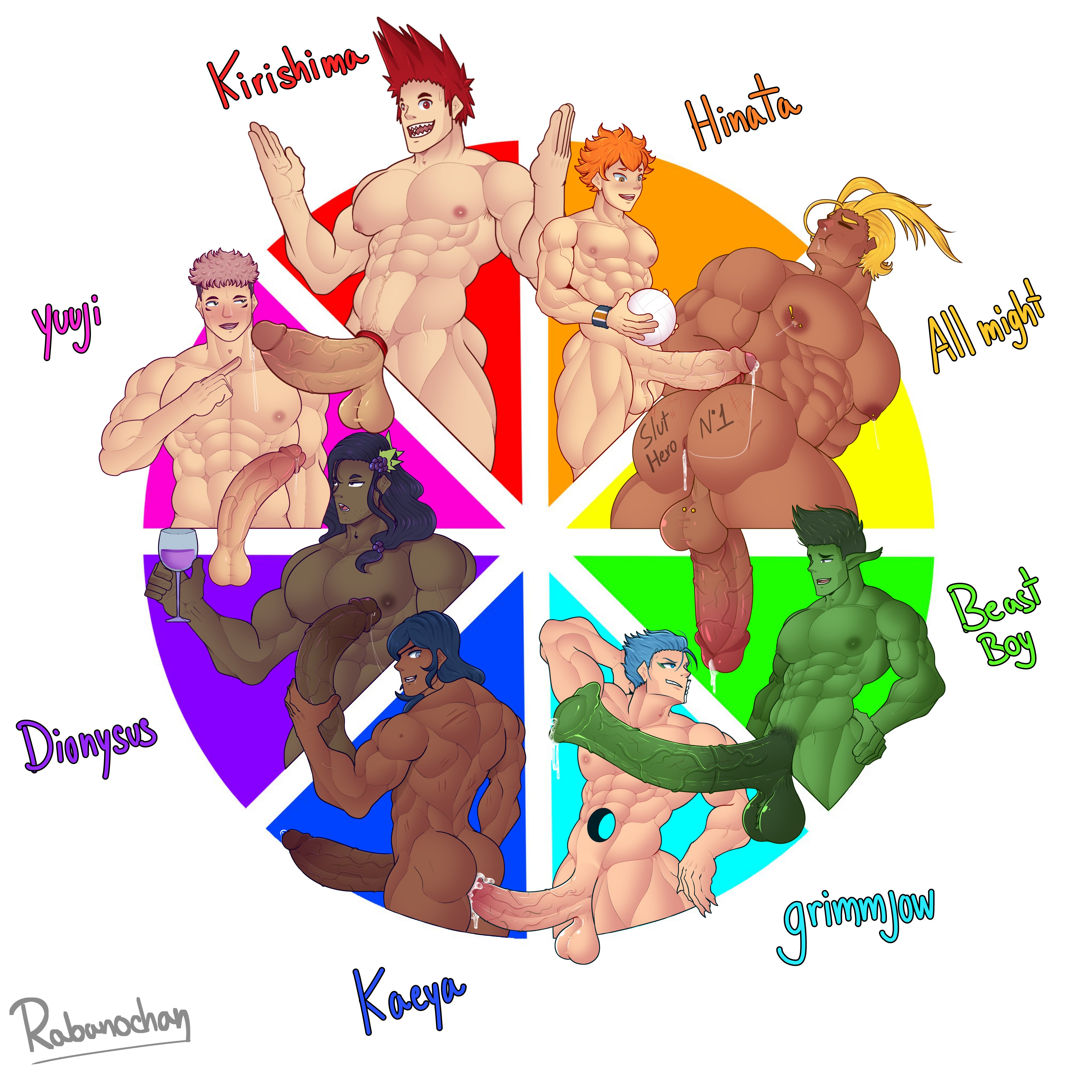 8boys, all might, animal genitalia on humanoid, ass, bara, beast boy, big ass, big penis, bleach, blonde hair, boku no hero academia, color wheel challenge, crossover, cumming, cumming while penetrated, cumming while penetrating, dc, dc comics, dionysus, dionysus (hades), eijirou kirishima, erect penis, foreskin, gay, gay sex, genshin impact, grimmjow jaegerjaquez, hades (game), haikyuu!!, horsecock, horsecock on humanoid, itadori yuuji, jujutsu kaisen, kaeya (genshin impact), kirishima eijirou, male, male only, multiple boys, multiple males, muscles, muscular, muscular male, my hero academia, orgy, orgy sex, penis, rabanochan, shoyo hinata, superhero, toshinori yagi, uncircumcised, yaoi, young justice