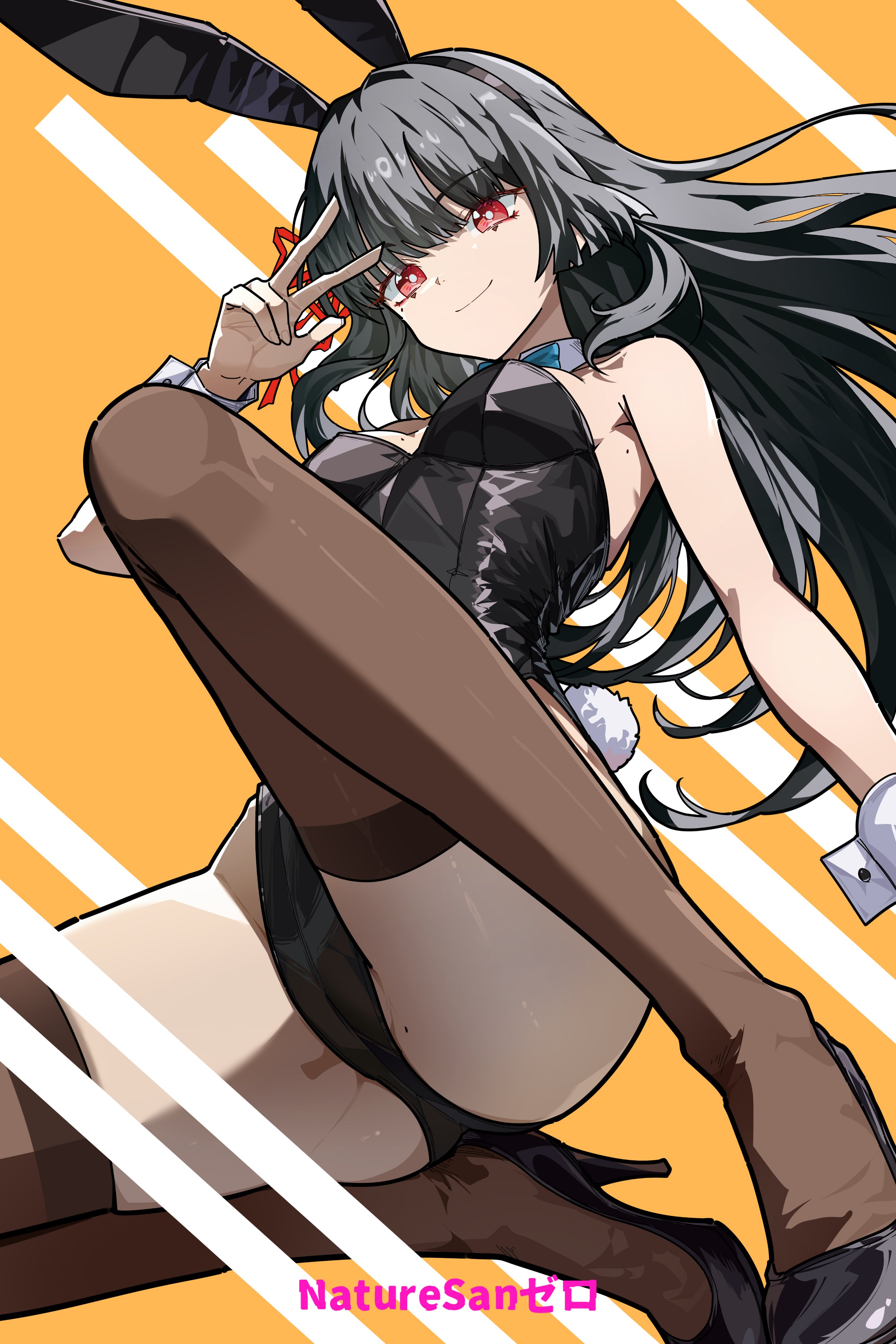 1girls, black bunnysuit, black hair, breasts, bunny ears, bunnysuit, chisa (wuthering waves), legs, long hair, peace sign, red eyes, thighhighs, wuthering waves