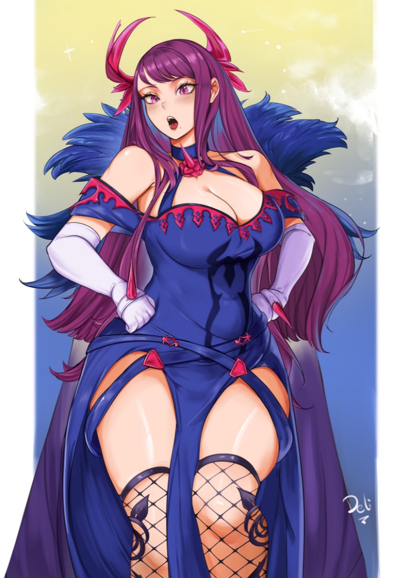 bare_shoulders blue_dress breasts chinese_clothes cleavage dress elbow_gloves female fishnet_legwear fishnets gloves large_breasts long_hair open_mouth purple_eyes purple_hair solo thighhighs white_gloves