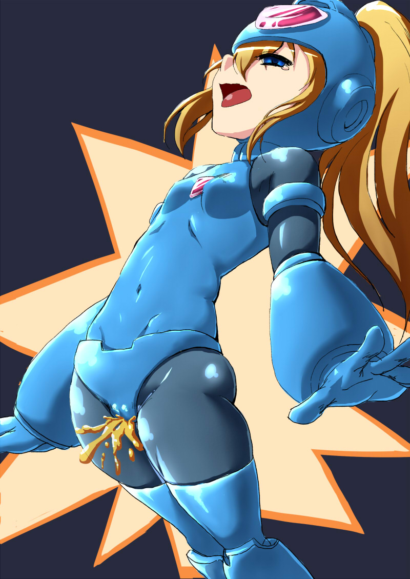 1girls artist_request blonde_hair blue_eyes bodysuit cameltoe female gloves helmet latex mega_man peeing ponytail rokko-chan rokko-chan_(character) small_breasts solo tears tied_hair tongue tongue_out urine watersports young