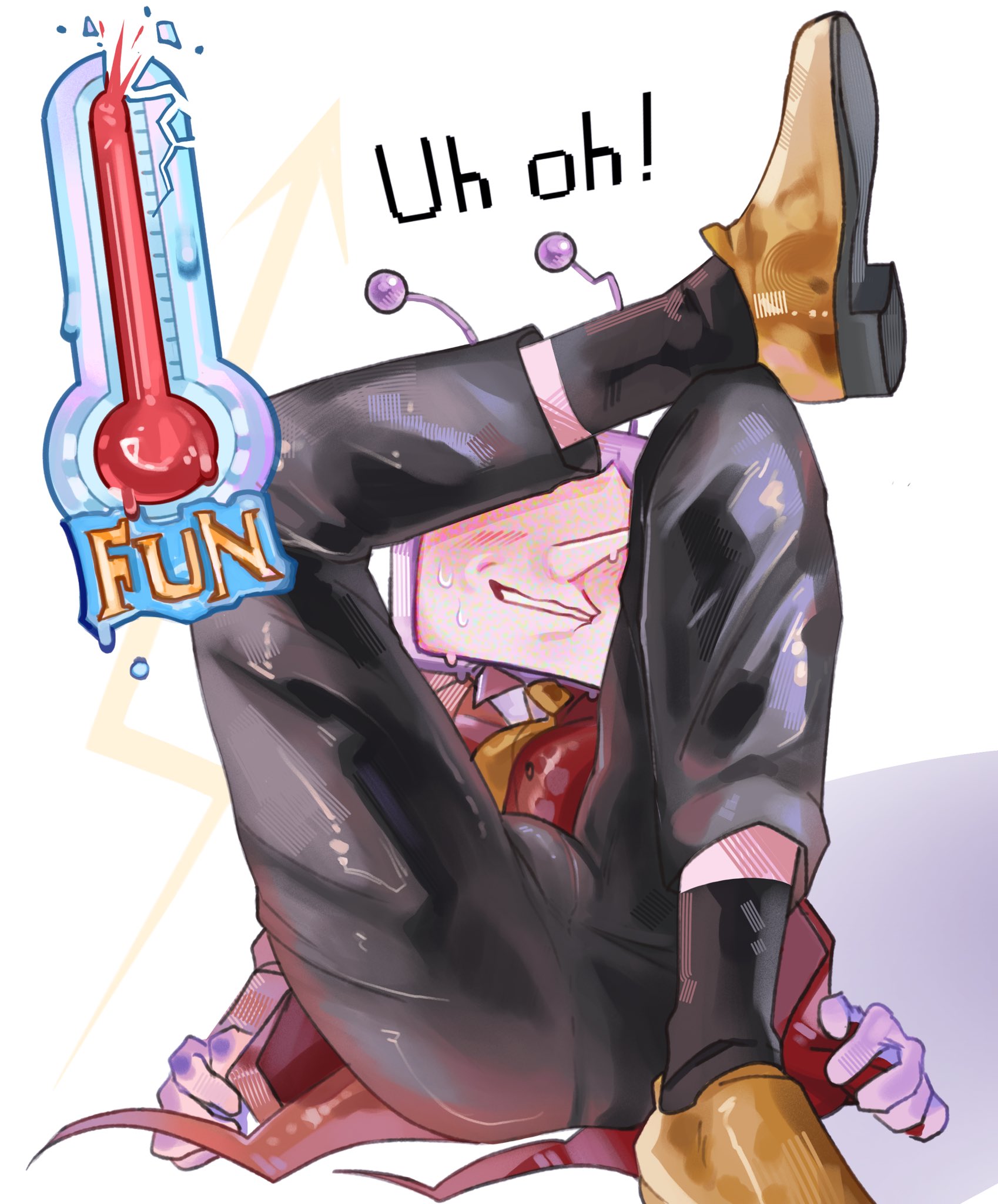 ass, ass focus, blush, blushing at viewer, bulge through clothing, deltarune, deltarune chapter 3, male, male only, ohgeezthatscary, solo, solo focus, solo male, suit, suit and tie, sweat, sweating, tenna (deltarune), tv, tv head