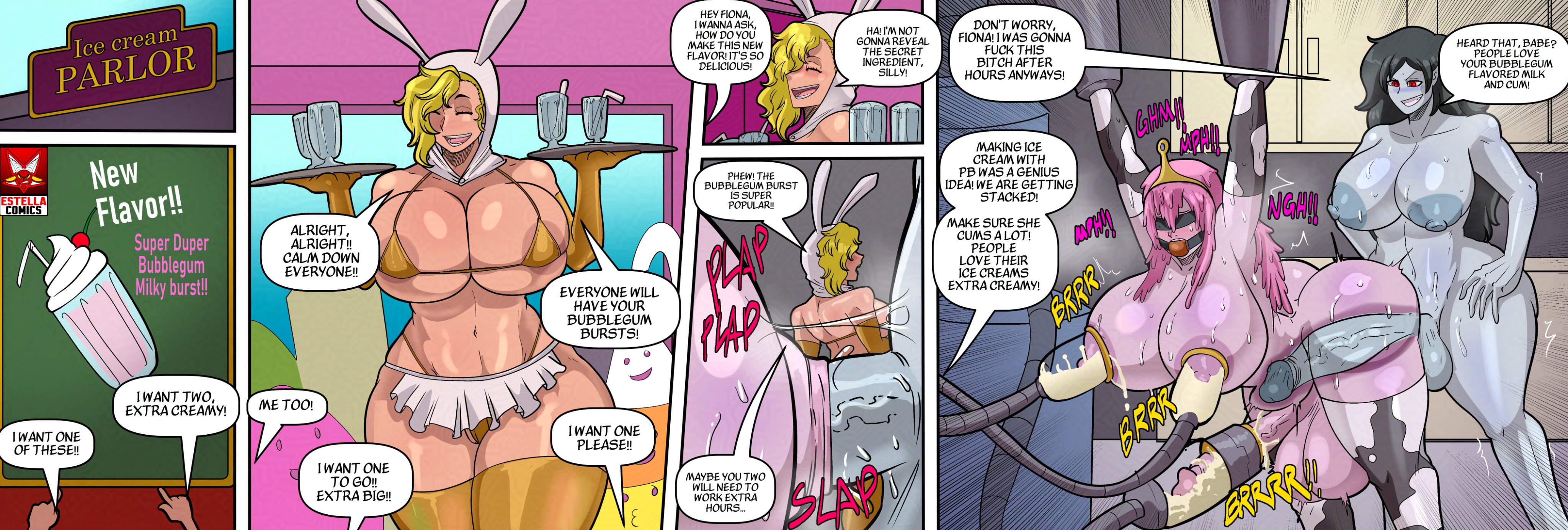 1girls, 2futas, adventure time, balls, big breasts, blindfold, bondage, breasts, cum in food, cum on food, dialogue, estella comics, female, fionna the human girl, futa on futa, futanari, futasub, gag, gagged speech, huge breasts, huge cock, humanoid, humanoid penis, hung bottom, intersex, lactation, large breasts, mannyestella, marceline, milking, mrestella, nude, penis, penis milking, penis milking machine, princess bubblegum, text, voluptuous, wide hips
