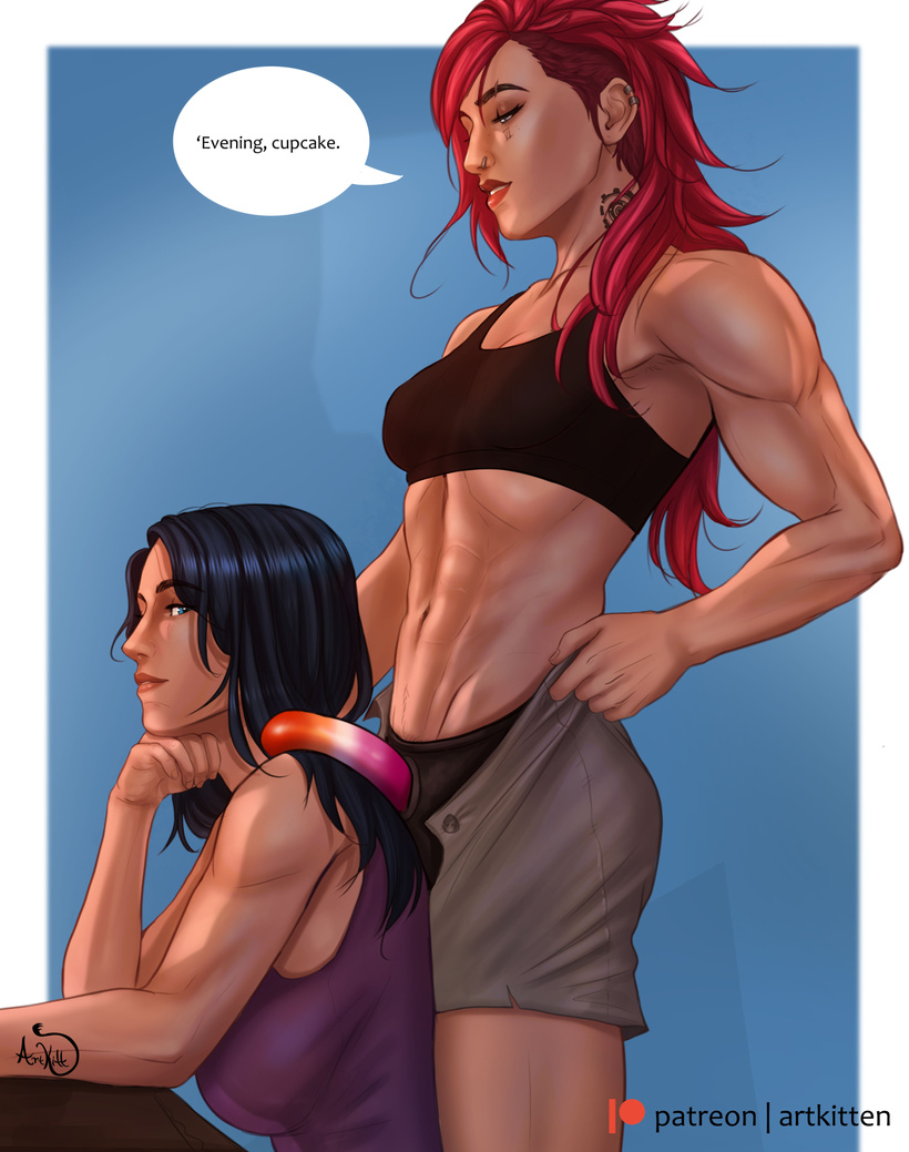 2girls arcane artkitt-creations caitlyn_kiramman clothed_female female imminent_sex league_of_legends lesbian_pride_colors pride_color_clothing sex_toy strap-on suggestive tagme vi yuri