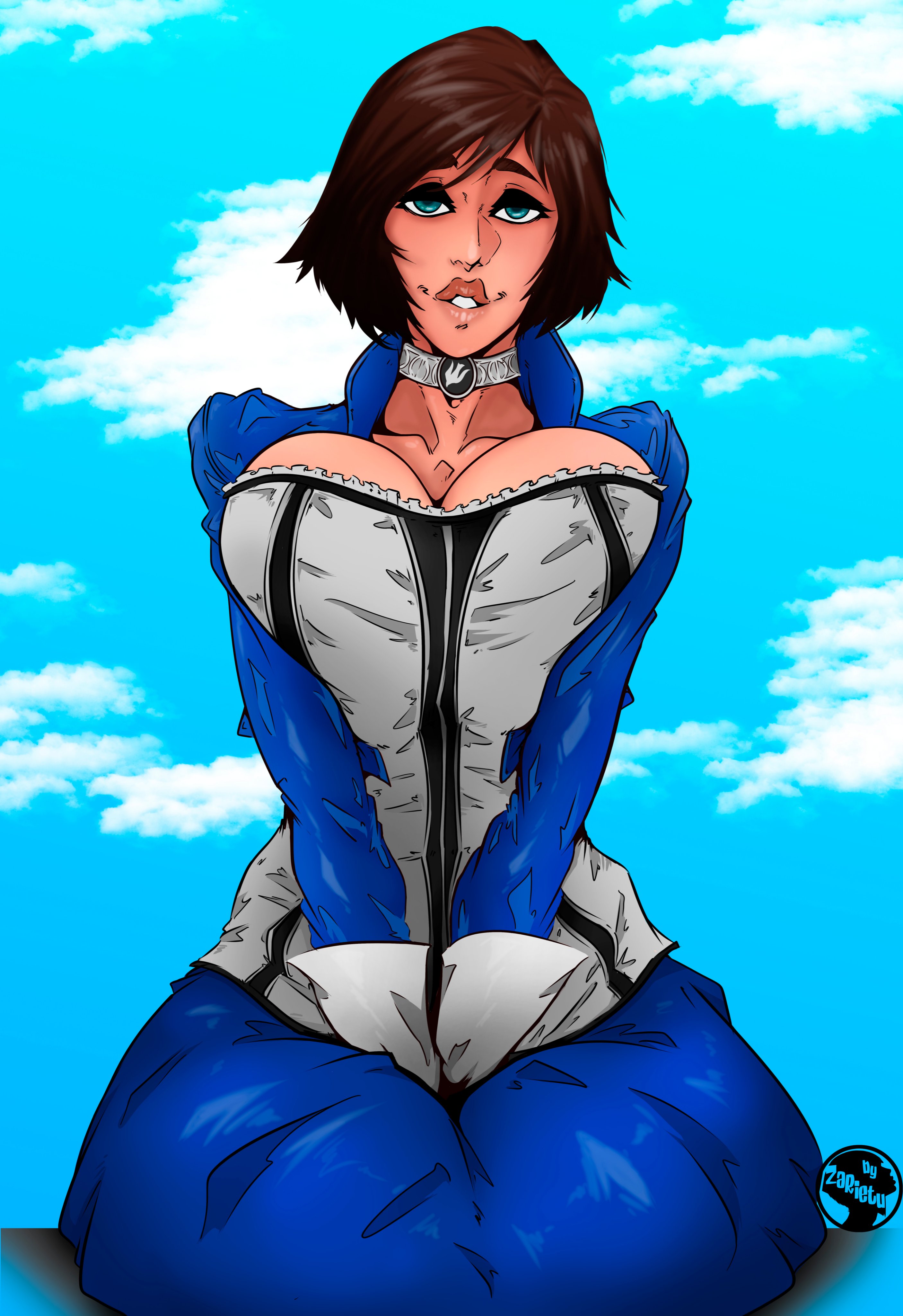 areolae, big breasts, bioshock, bioshock infinite, blue eyes, bolero, breasts, brown hair, choker, corset, dress, elizabeth comstock, female, female focus, female only, gloves, huge breasts, large breasts, looking at viewer, nipples, short hair, sitting, skirt, solo, tagme, zarietu