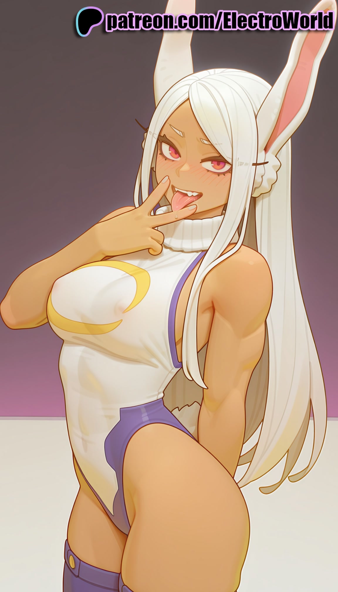 1girls, 2025, ai generated, animal ears, artist name, bangs, bare shoulders, boku no hero academia, breasts, bust, chest, dark skin, dark-skinned female, electroworld, female, gradient, hi res, high quality, high resolution, highleg, highleg leotard, highres, leotard, long eyelashes, long hair, looking at viewer, mirko, miruko, my hero academia, parted bangs, patreon, patreon username, rabbit ears, rabbit girl, red eyes, smile, solo, stable diffusion, tongue, tongue out, watermark, white hair, white leotard