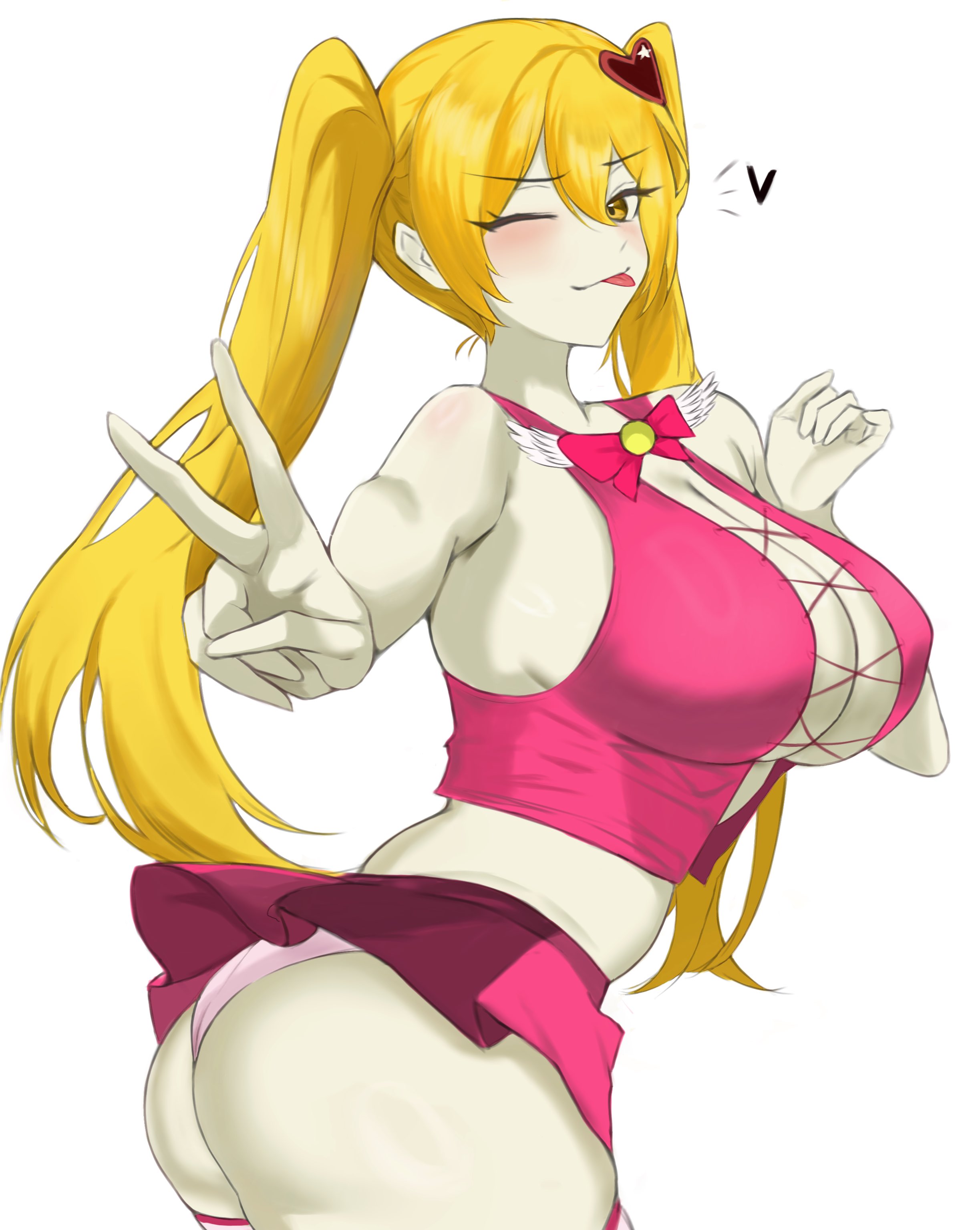 1girls, ass, blonde hair, breasts, cleavage, don quixote (limbus company), female, female only, hair ornament, heart, heart hair ornament, huge breasts, in the name of love and hate (e.g.o), large breasts, light skin, light-skinned female, limbus company, lobotomy corporation, looking at viewer, midriff, miniskirt, no bra, one eye closed, panties, peace sign, pmlbtmlorlc, project moon, sleeveless shirt, smile, solo, thighhighs, thighs, tied hair, tongue, twintails, v, wink, yellow eyes