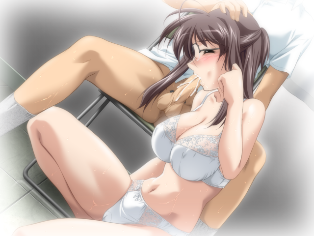 binetsu_kyoushi_cherry blinking blush bra breasts brown_hair collarbone female glasses hand_on_head hise_chirei huge_breasts large_breasts lingerie long_hair panties penis uncensored underwear yamane_masahiro zyx