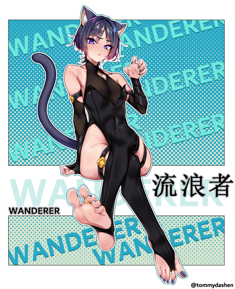 1boy, 1femboy, boy, femboy, femboy feet, femboydom, foot fetish, footwear, gay, genshin impact, male, male only, scaramouche (genshin impact), tommydashen, wanderer (genshin impact)
