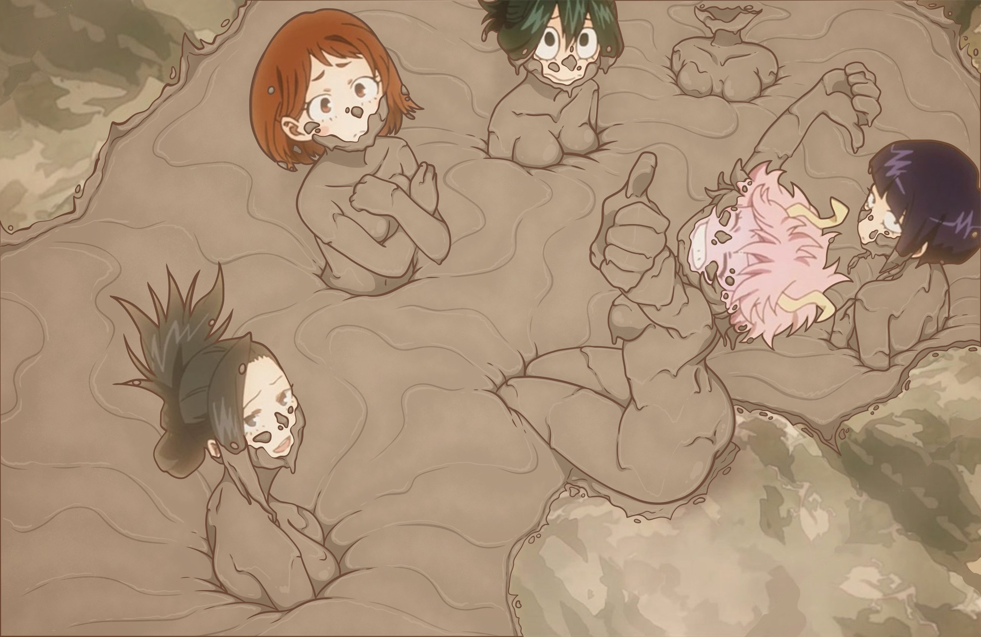 6girls, ass, breasts, dirty, dirty girl, edit, female, female only, group, hagakure tooru (invisible), kitsunenokiubbi, kyoka jiro, mina ashido, momo yaoyorozu, mud, mud bath, muddy, multiple females, multiple girls, my hero academia, naked, nude, ochako uraraka, quicksand, sitting, tagme, tooru hagakure, tooru hagakure (invisible), tsuyu asui
