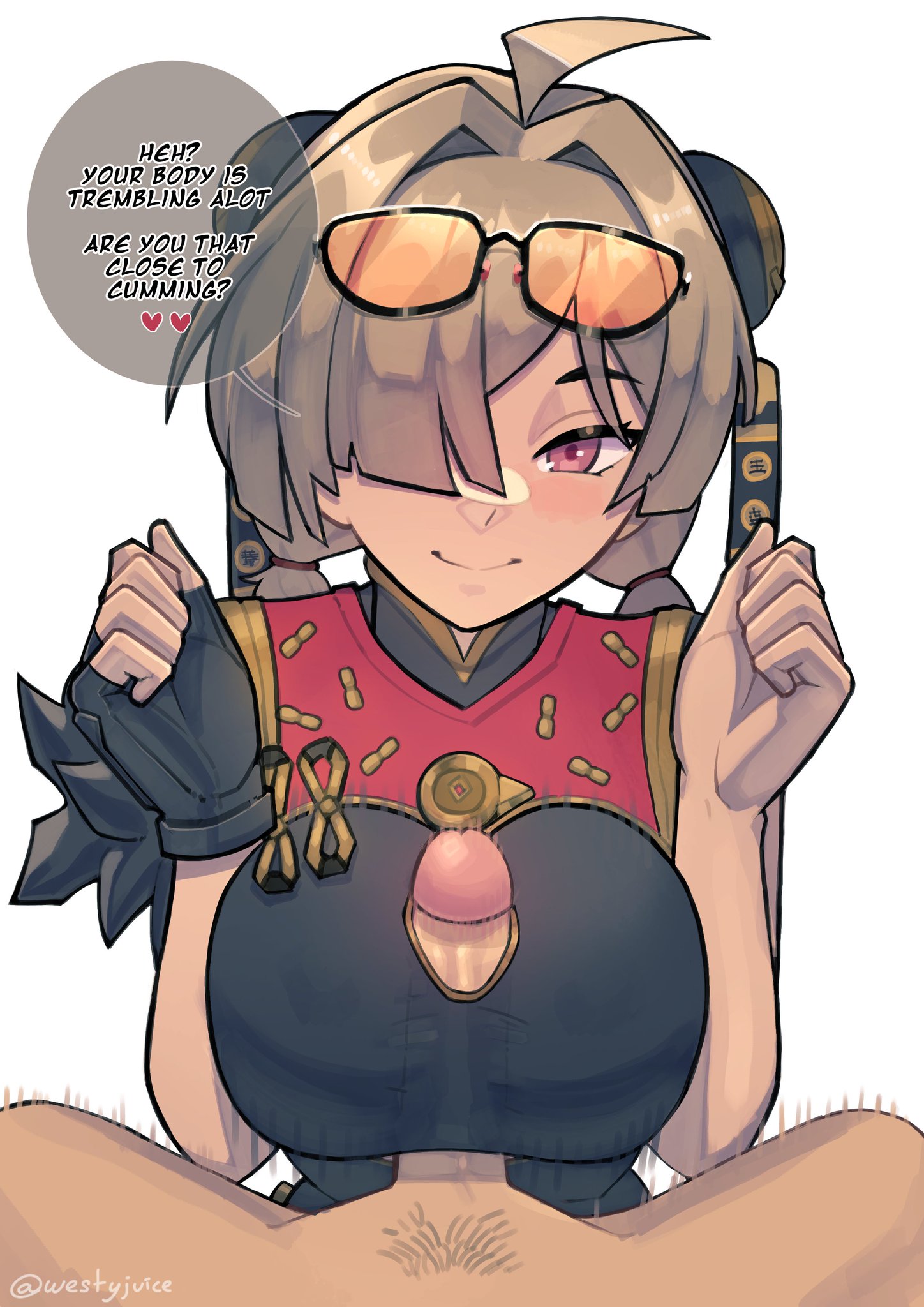 1boy, 1girls, bangs over one eye, blonde hair, breasts, clothed, clothed female nude male, clothed paizuri, clothing, dress, english text, eyewear on head, female, hair ornament, hair over one eye, hoyoverse, light skin, light-skinned female, light-skinned male, male, male pov, mihoyo, nude, nude male, outercourse, paizuri, paizuri under clothes, partial male, purple eyes, speech bubble, sunglasses on head, sweety (zenless zone zero), tagme, text, unseen male face, westyjuice, white background, zenless zone zero