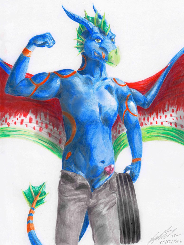 blue_body blue_dragon dragon dragoth green_eyes horn lowrider-girl male male_only penis plain_background red_markings solo topless white_background worker