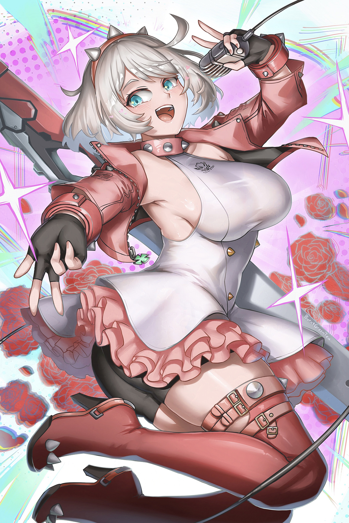 1girls, ahoge, aqua eyes, ass, bare shoulders, big breasts, black shorts, bob cut, boots, bracelet, breasts, burnt green tea, clover, collar, dress, elphelt valentine, female, female only, four-leaf clover, guilty gear, guilty gear strive, hairband, highres, huge ahoge, jacket, jewelry, large breasts, microdress, pink boots, pink collar, pink hairband, pink jacket, pink thighhighs, short dress, short hair, shorts, shorts under dress, sideboob, sleeveless, sleeveless dress, solo, spiked bracelet, spiked collar, spiked hairband, spiked jacket, spiked thighlet, spikes, thighhighs, two-tone dress, white hair