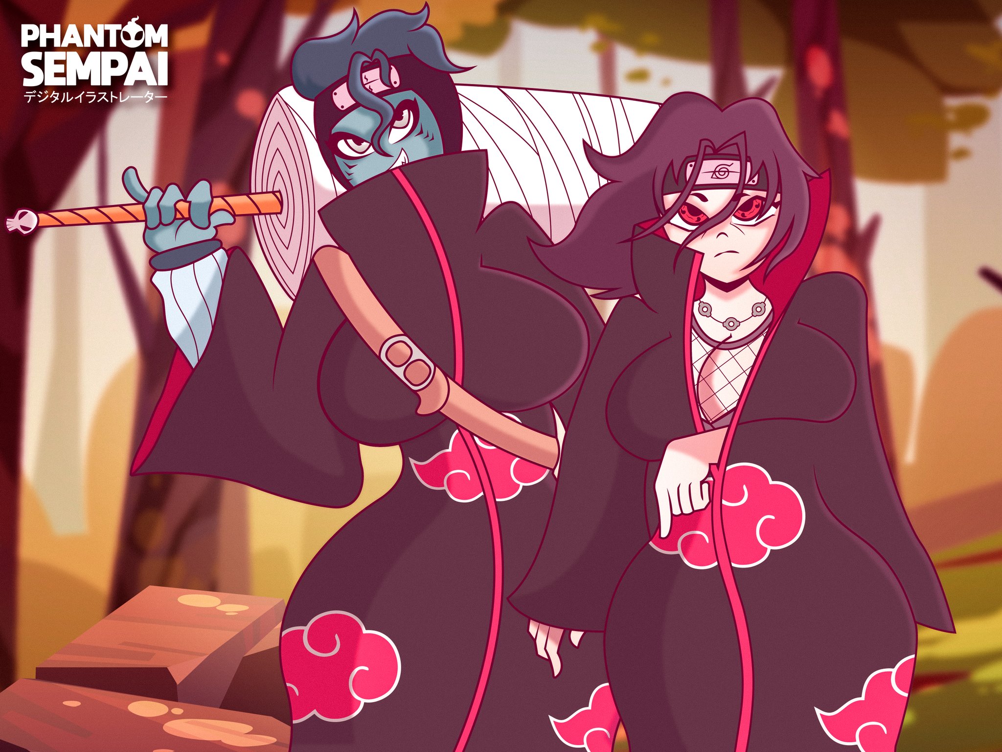 2girls, akatsuki (naruto), bbw, big breasts, black hair, blue eyes, blue hair, blue skin, breasts, busty, child bearing hips, cleavage, cloak, clothed, clothing, curvaceous, curves, curvy, curvy body, curvy female, curvy figure, curvy hips, female, female focus, female only, fishnet, fishnet shirt, fishnets, forehead mark, fully clothed, gender transformation, genderswap, genderswap (mtf), headband, hi res, high resolution, highres, hips, hoshigaki kisame, hourglass figure, jewelry, large breasts, mature, mature female, milf, naruto, naruto (classic), naruto (series), naruto shippuden, nature, nature background, necklace, outdoors, outside, phantomsempai, red eyes, rule 63, sharingan, shark, shark girl, shark humanoid, shonen jump, shounen jump, shueisha, skimpy, skimpy clothes, thick thighs, thighs, tomboy, transformation, trees, uchiha itachi, very high resolution, weekly shonen jump, weekly shounen jump, wide hips