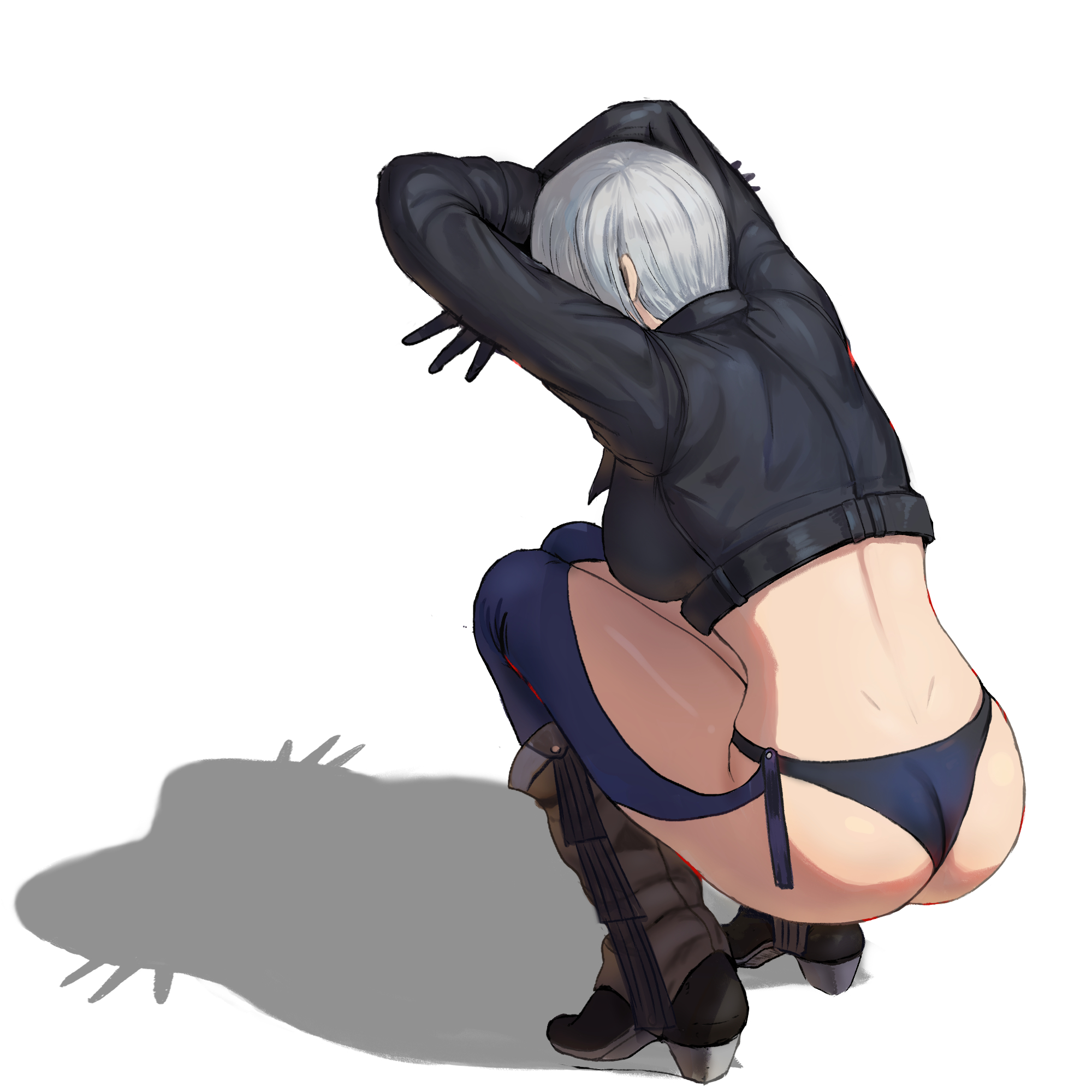 1girls, absurd res, absurdres, angel (kof), artist request, ass, ass focus, bimbo, blue panties, blue underwear, bubble ass, bubble butt, cat shadow puppet (meme), clothed, clothing, crop top, cute, female, female focus, female only, footwear, heel boots, heeled boots, heels, hi res, high heel boots, high heels, high resolution, highres, jacket, king of fighters, kof, leather jacket, legwear, light skin, light-skinned female, meme, neko, pale skin, pale-skinned female, panties, pose, posing, presenting ass, presenting butt, shadow, short hair, silhouette, skimpy, skimpy clothes, solo, solo female, solo focus, squatting, stockings, the king of fighters, tomboy, underwear, very high resolution, white background, white hair, wrestler, wrestling outfit