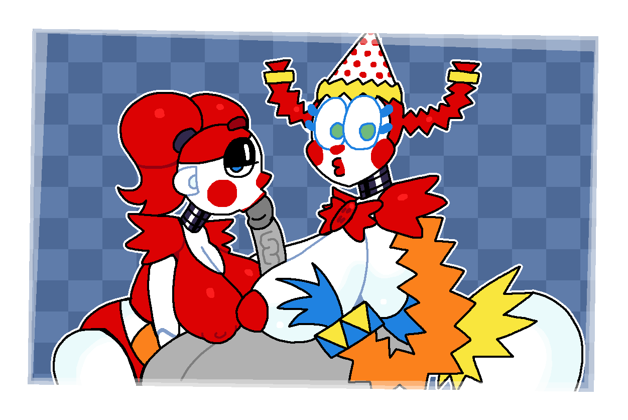 1boy, 2girls, baby (fnafsl), big breasts, blue eyes, breasts, circus baby, circus baby (fnaf), clown, clown girl, collaborative sex, crushtrap, fellatio, female, five nights at freddy's, five nights at freddy's: secret of the mimic, five nights at freddy's: sister location, human, jackie (fnaf), large breasts, male, oral, oral sex, paizufella, paizufella hug, paizuri fellatio, penis, straight