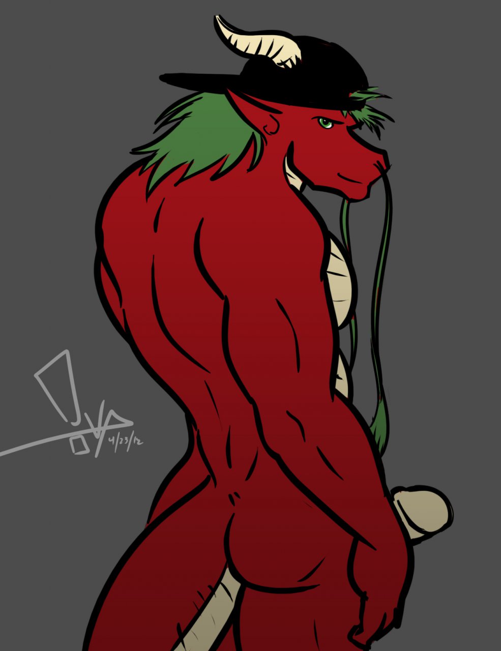 2012 anthro ass bgn biceps chinese_dragon dragon furry green_eyes green_hair hair hat horn looking_at_viewer male male_only muscles nude pecs penis quazy red_dragon solo whiskers