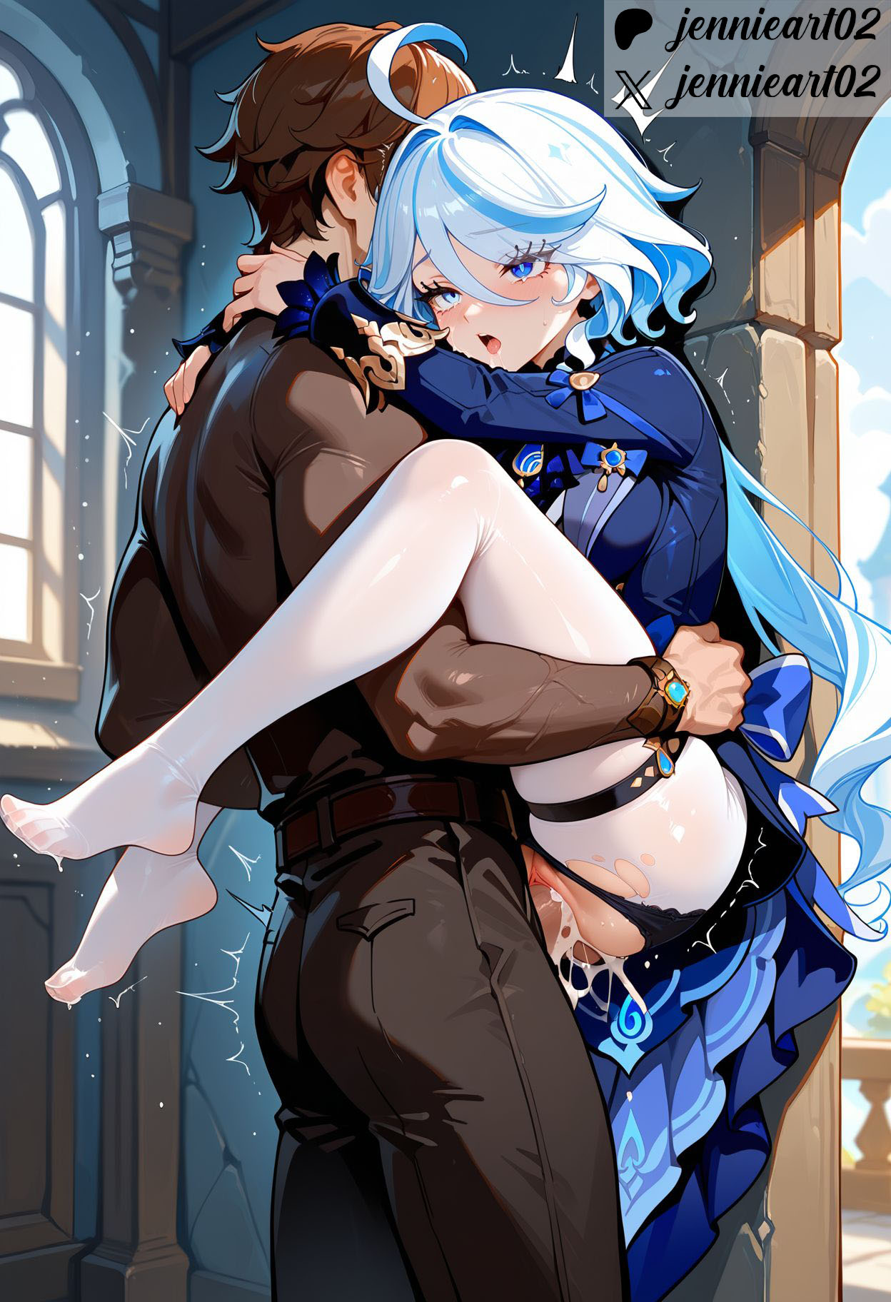 1boy, after kiss, ahoge, ai generated, ass, balls, bangs, barefoot, belt, black panties, black pants, blue eyes, blue hair, blush, breasts, brown hair, clothed female, clothed female nude male, clothed sex, clothing, clothing aside, cowlick, cum, cum in pussy, dark skin, dark-skinned male, day, dress, drop-shaped pupils, english text, feet, female, frills, furina (genshin impact), genshin impact, gloves, hair between eyes, heart, heart-shaped pupils, hug, indoors, jacket, jennieart02, jewelry, leg lock, legs, legwear, light blue hair, light skin, light-skinned female, long hair, long sleeves, male, multicolored hair, muscular, muscular male, nakadashi, no shoes, nude, nude male, open mouth, overflow, panties, panties aside, pants, pantyhose, patreon, patreon logo, patreon username, penis, pussy, saliva, saliva trail, semen, sex, shirt, skirt, sky, soles, standing, standing sex, straight, streaked hair, sweat, symbol-shaped pupils, taken from behind, testicles, thighs, toes, tongue, tongue out, torn clothes, torn pantyhose, trembling, twitter, twitter username, upright straddle, vagina, vaginal penetration, veins, veiny penis, vision (genshin impact), watch, watermark, white hair, white pantyhose, window, wristwatch