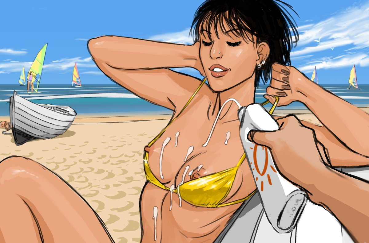 au (artist), black hair, boli-blog, breasts, breasts out, female, gold bikini, natalia (au), nipples outside, public nudity, sunscreen on breasts
