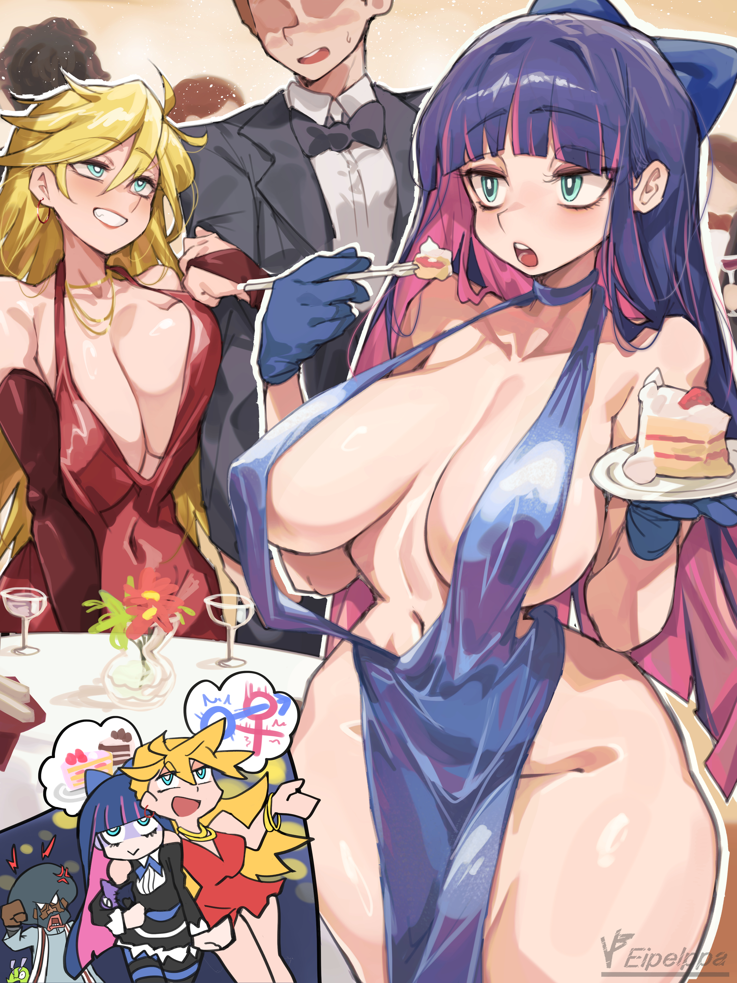 armwear, ass, big ass, big breasts, blonde hair, blue eyes, blue hair, breasts, choker, clothing, dress, earrings, eipelppa, eyebrows, eyebrows visible through hair, eyelashes, eyes visible through hair, eyeshadow, female, female only, hair, hair ornament, hair ribbon, hi res, hime cut, iepelppa, iparuputsua, ipelppa, legwear, long hair, medium breasts, multicolored hair, open mouth, panty & stocking with garterbelt, panty anarchy, parted lips, pink hair, ponytail, ribbon, sisters, smile, standing, stocking anarchy, striped legwear, striped thighhighs, teeth, thick ass, thick thighs, thighhighs, thighs, tongue, wide hips