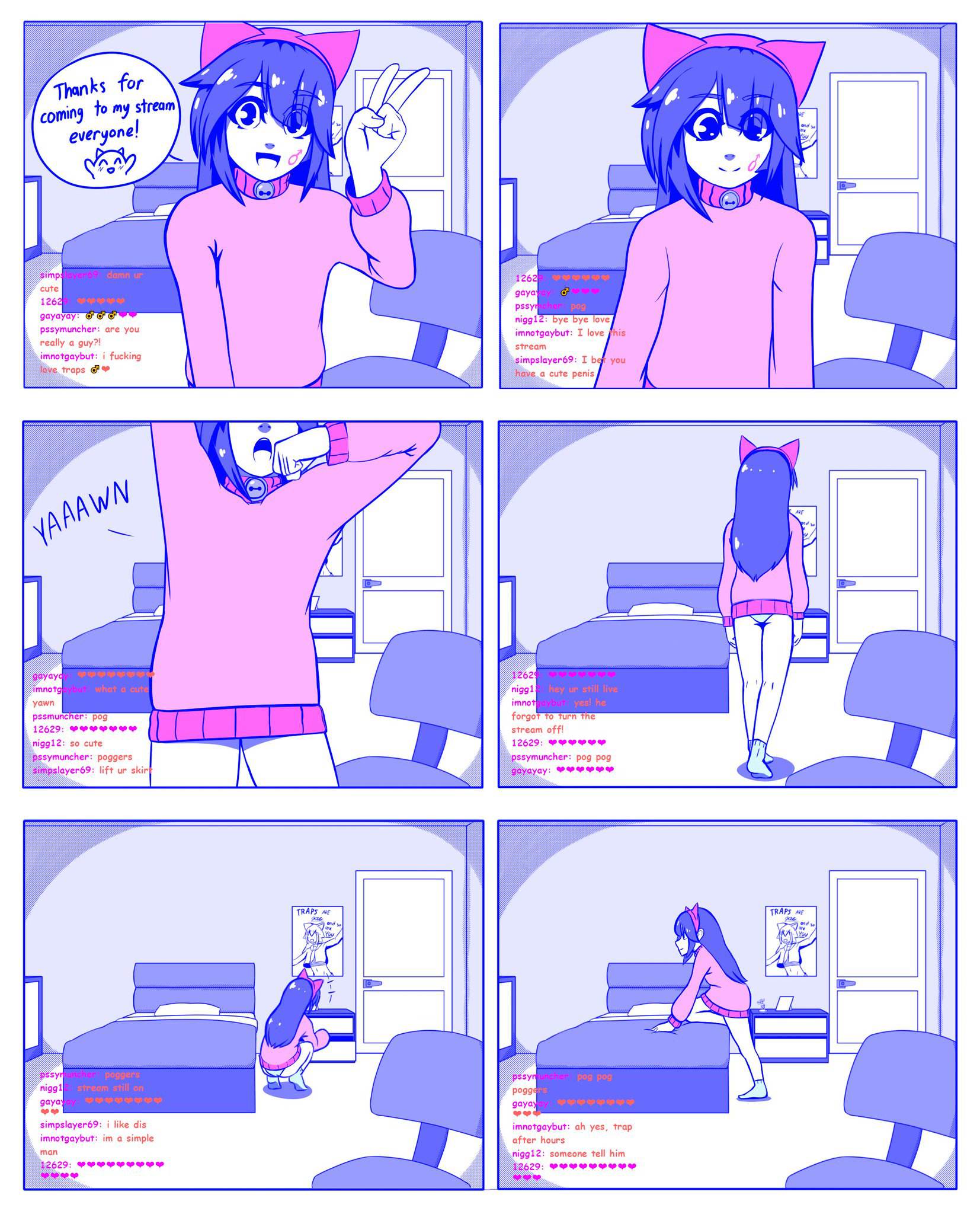1boy, 1femboy, bed, bedroom, blue panties, crossdressing, femboy, livestream, long hair, pink dress, saltyslice, streamer, streaming, trap