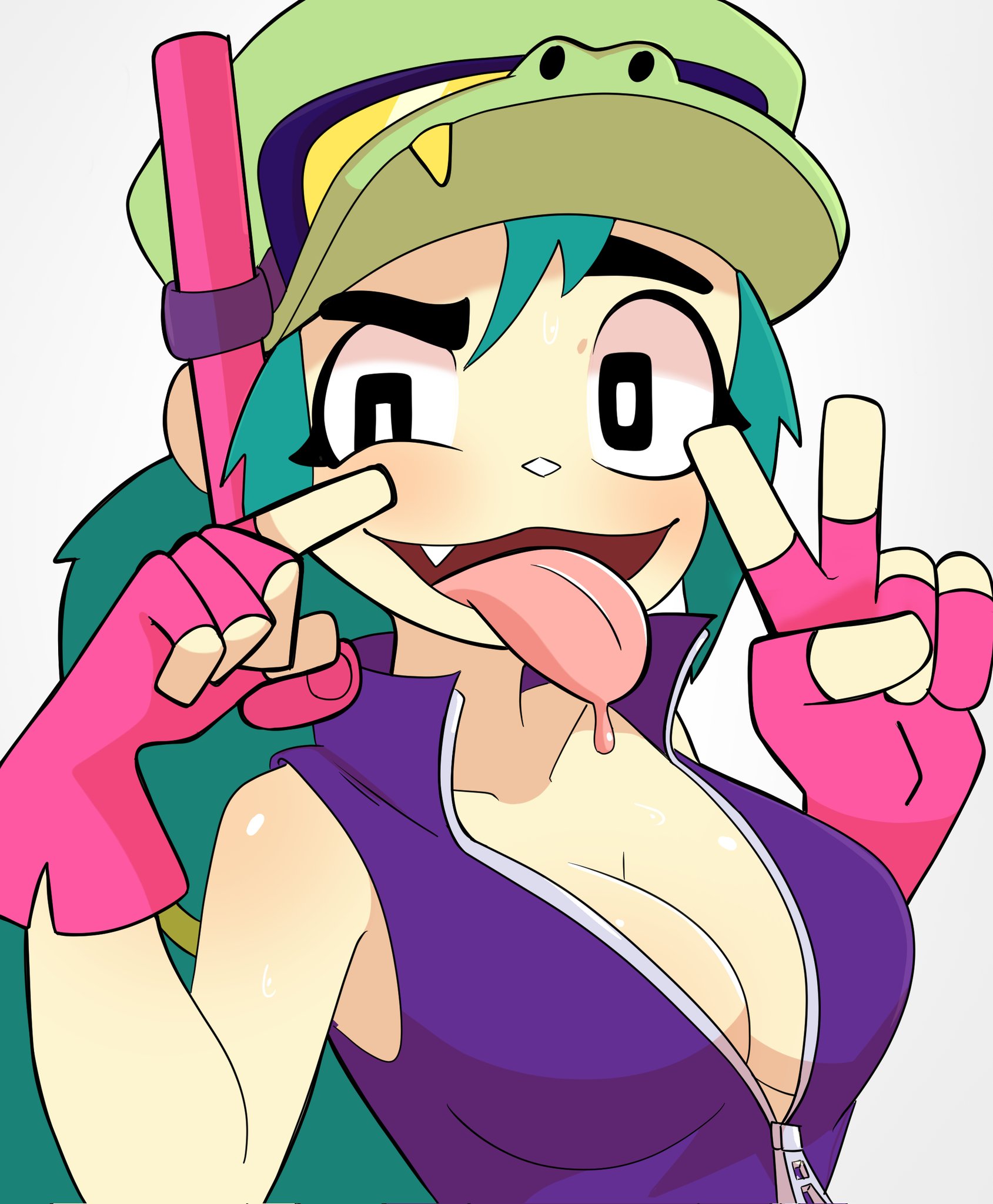 alli (brawl stars), big breasts, big titties, brawl stars, breasts, curvaceous, curvaceous female, female, female focus, female only, green hair, long hair, looking at viewer, open mouth, supercell, takuni01