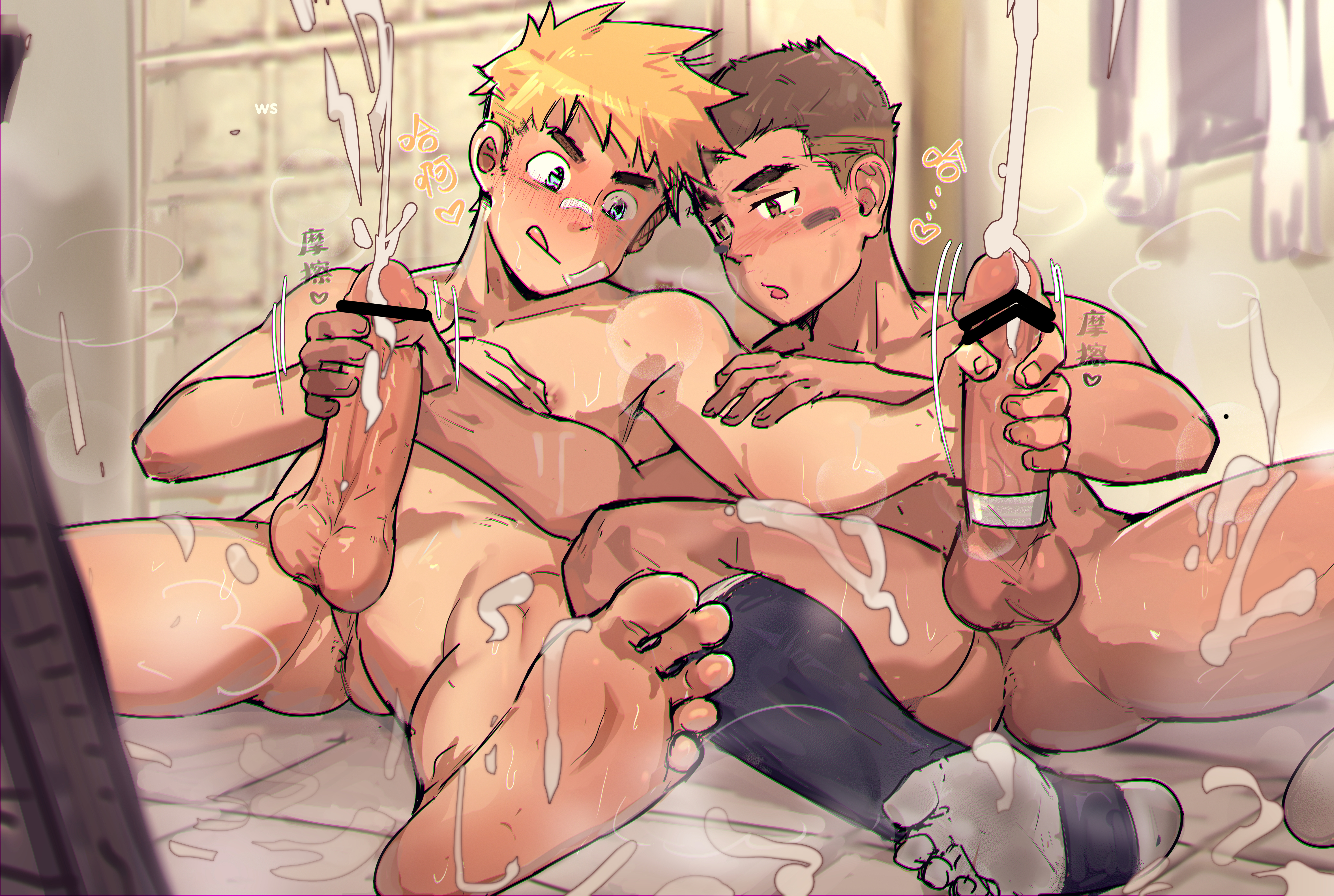 2boys, 2males, balls, big balls, big penis, blonde hair, blue eyes, boner, brown eyes, brown hair, color, colored, cum, cum drip, cum dripping, cum dripping from penis, cum on floor, cum on lower body, cum on penis, cum on self, cum on thighs, cum squirt, cum squirting, cumming, cumming from handjob, cumming from masturbation, cumming together, cumshot, ejaculating, ejaculating cum, ejaculation, erect penis, erection, eyes, gay, gay male, hair, handjob, hard on, indoor masturbation, indoor nudity, intense orgasm, jacking each other off, jacking off another, jacking off partner, jacking off together, jackingoff another, jerking, jerking each other off, jerking off another, jerking off together, jerkingoff another, jerkingoff together, male, male focus, male masturbation, male only, male orgasm, male/male, masturbating each other, masturbating other, masturbating together, masturbation, mutual handjob, mutual masturbation, naked male, naked man, naked masturbation, naked socks, naked with socks, nude male, one handed masturbation, orgasm, orgasm face, original, original character, penile masturbation, penis, projectile cum, short hair, simultaneous ejaculation, simultaneous orgasms, socks, socks only, sport, sports uniform, spread legs, stiffy, stroking, stroking cock, stroking penis, xiaobaitiang, yaoi, young