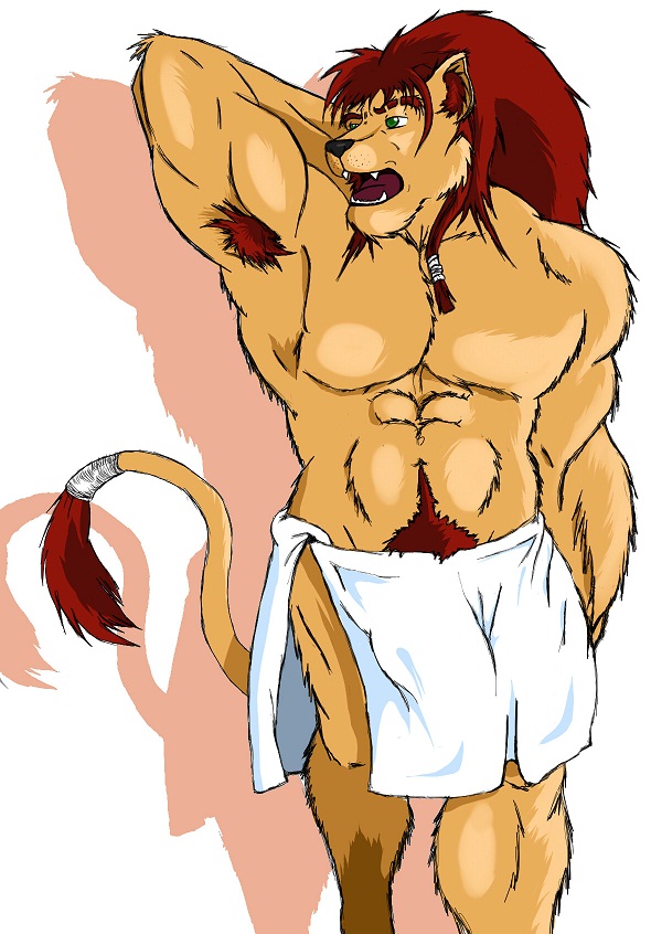 abs anthro biceps big dragonslash feline fluffy fur furry fyr lion male male_only muscles nude pecs penis pubes shaun shower solo towel