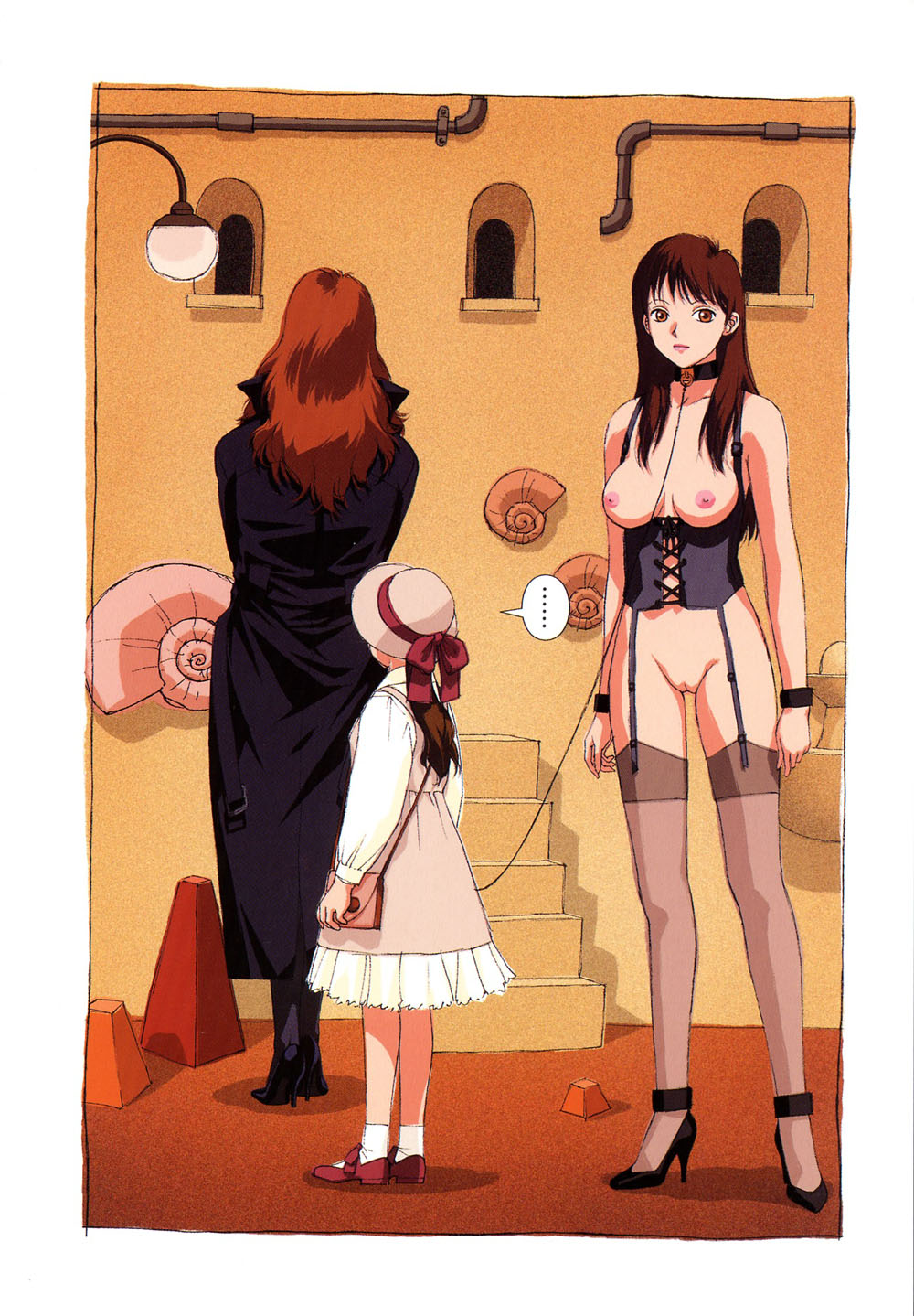 3girls age_difference bondage breasts brown_eyes brown_hair collar female femdom femsub leash long_hair looking_at_viewer multiple_girls nipples original pussy thighhighs uncensored yui_toshiki yuri