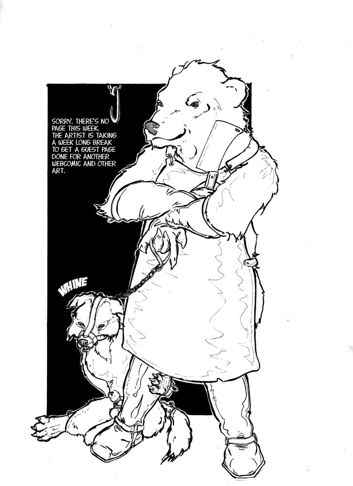 anthro apron balls bear bondage bondage bound canine claws cleaver clothing cock_ring collar comic crossed_arms dialog english_text fox fur gloves hook knife leash leather male mulefoot muzzle_(object) muzzled nude rope sheath sitting slop smile standing text whine