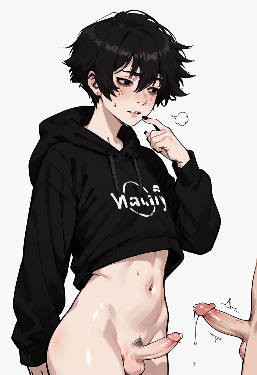 1boy, 1femboy, 2024, 2boys, ai generated, alternate version available, black hair, black hoodie, blush, doomer boy, femboy, hoodie, looking at penis, male, nightcorezed, no panties, penis, simple background, thighs, twink, wojak comics