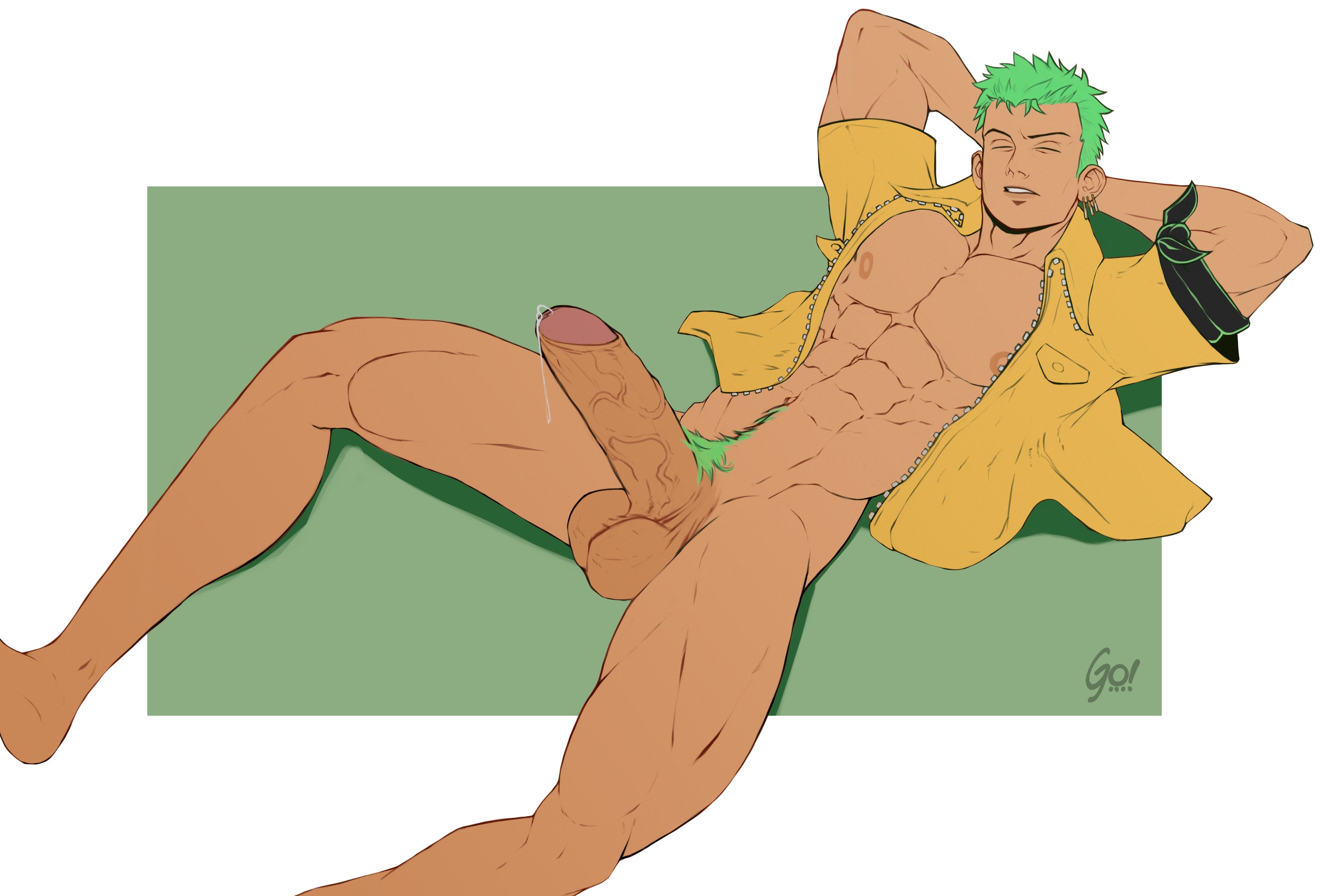 1boy, bara, big penis, golewdgo, green hair, green pubic hair, male, male only, muscular, muscular chest, muscular male, one piece, penis, precum, pubic hair, roronoa zoro, solo male, veiny penis, yaoi, zoro, zoro (one piece)