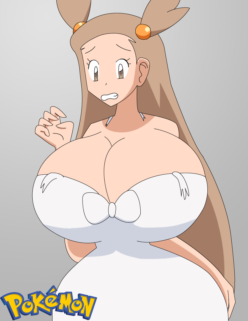 alternate breast size, breast expansion, breast growth, breast growth (enlargement), breasts, brown eyes, brown hair, female, female only, gigantic breasts, huge breasts, igphhangout, jasmine (pokemon), looking at breasts, orihime inoue8, pokemon, solo, solo female