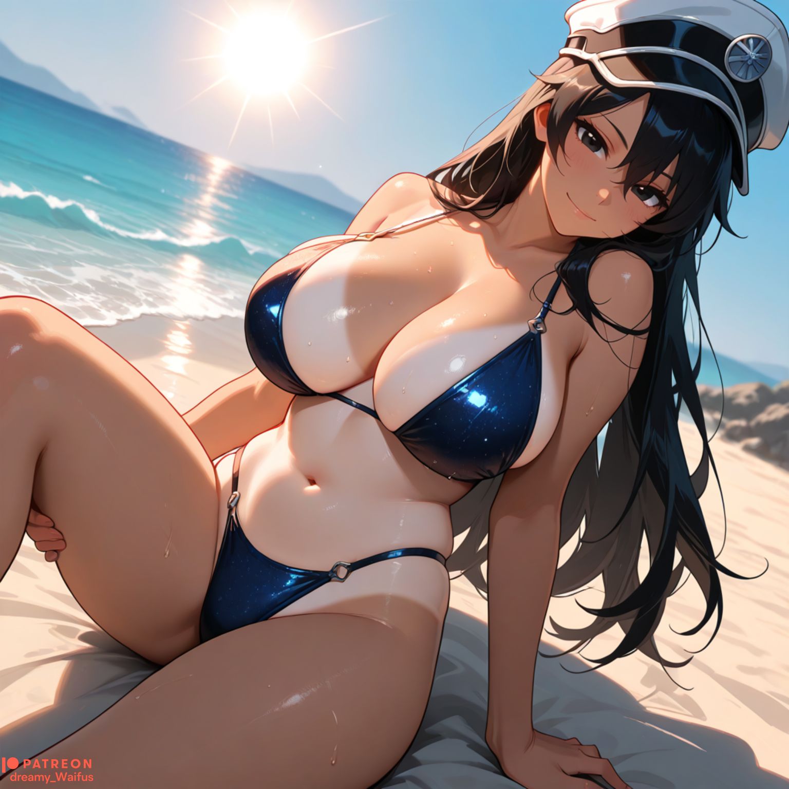 ai generated, bambietta basterbine, bare shoulders, beach, bikini, black bikini, black eyes, black hair, bleach, bleach: the thousand-year blood war, blue bikini, blush, breasts, cleavage, closed mouth, collarbone, day, dreamy waifus, female, hair between eyes, hat, highleg bikini, knee up, large breasts, long hair, looking at viewer, military hat, navel, o ring bikini, ocean, one piece tan, outdoors, peaked cap, sitting, sky, smile, solo, stomach, swimsuit, tan, tanlines, thighs, water, wet, white headwear