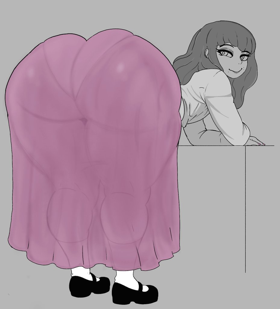 1dickgirl, 1transfem, ass, ass bigger than head, ass body, ass focus, ass up, ass view, b&w, back view, bent over, big ass, big butt, bottom heavy, bubble butt, child bearing hips, dickgirl, dickgirl only, dress, eyeliner, face down ass up, fat ass, fear and hunger, fear and hunger: termina, futanari, huge ass, intersex, looking at viewer, marina (fear and hunger), monochrome, no color, panties, pantylines, sashimilotus, see-through, see-through clothing, thick ass, thick thighs, tight fit, trans woman, transfem, transgender, transgender woman, underwear outline, visible panties